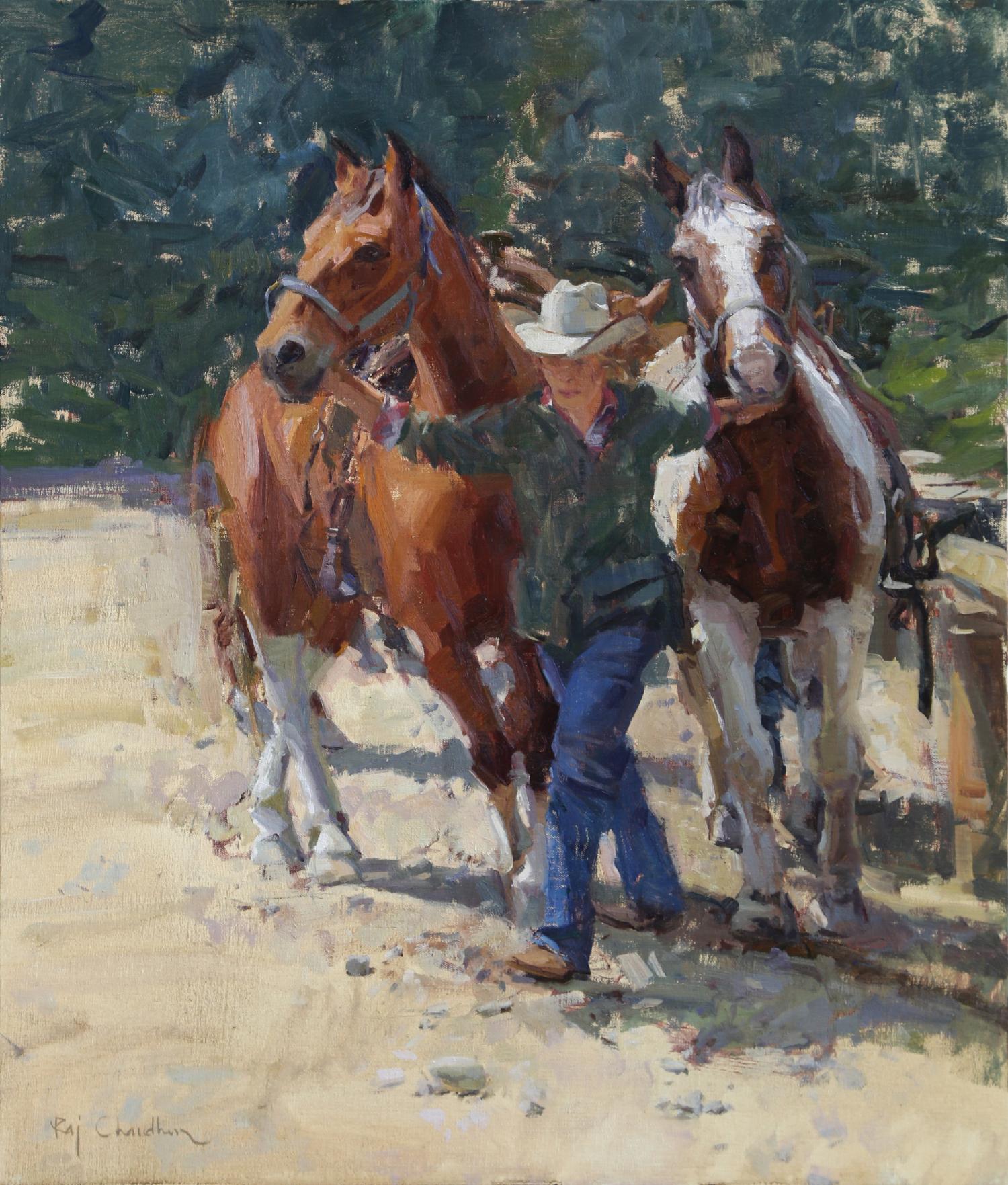 Lead Wrangler, Oil on Linen, American Impressionistic Style, Western, Southwest - Black Animal Painting by Raj Chaudhuri