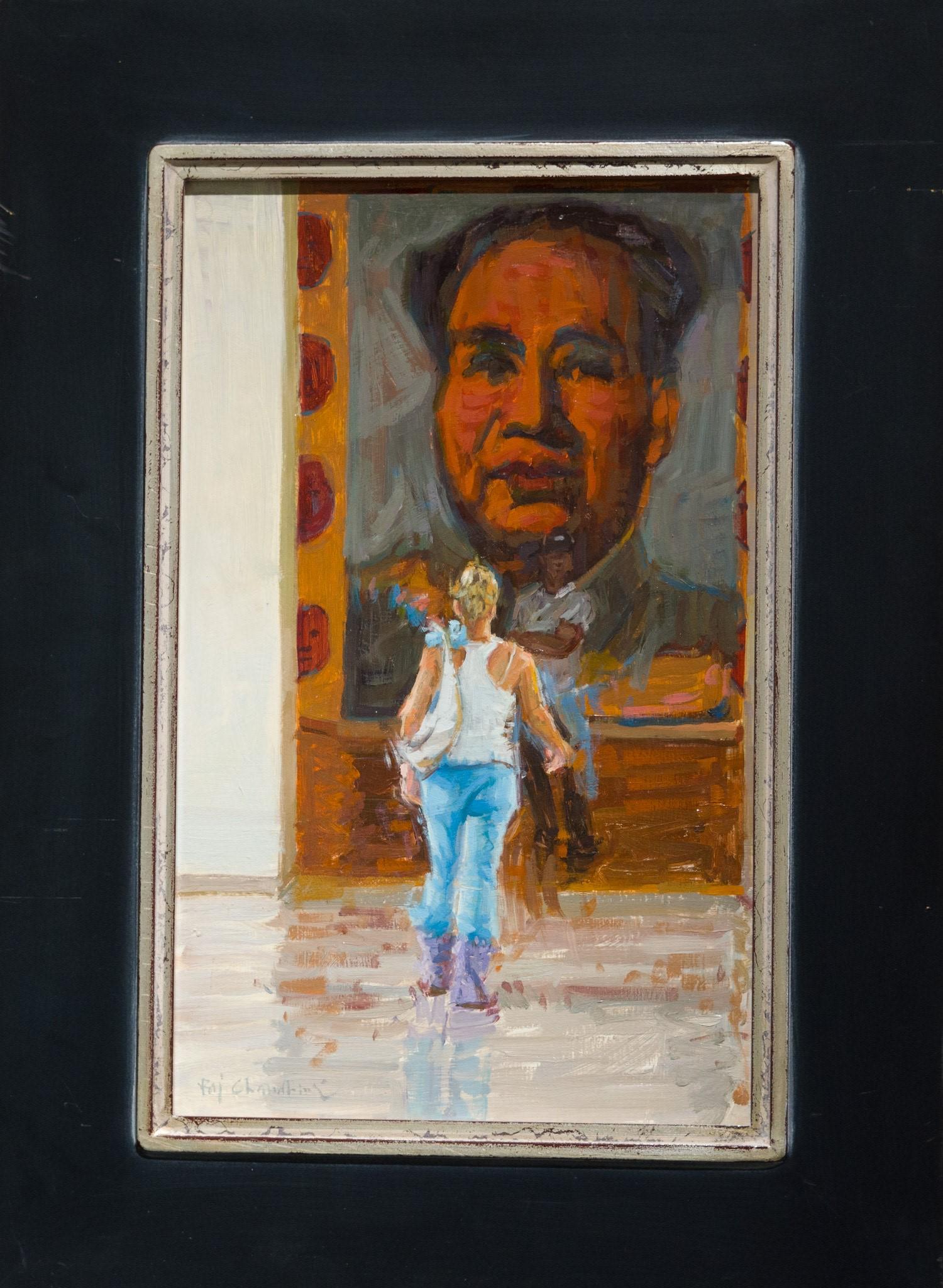 Raj Chaudhuri Figurative Painting - Looking for Andy   Oil on Panel 16" x 10" Framed New Orientalism Artist