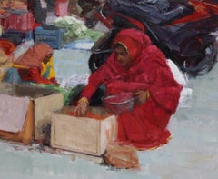 Morning Market in Jaipur Oil  20" x 24"  American Impressionism  India  Colors