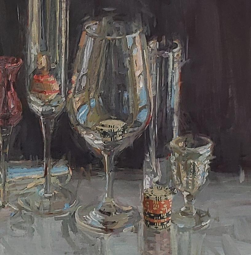 Party Glasses, Oil, American Impressionistic Style, Traveling Painter, Chess - Painting by Raj Chaudhuri