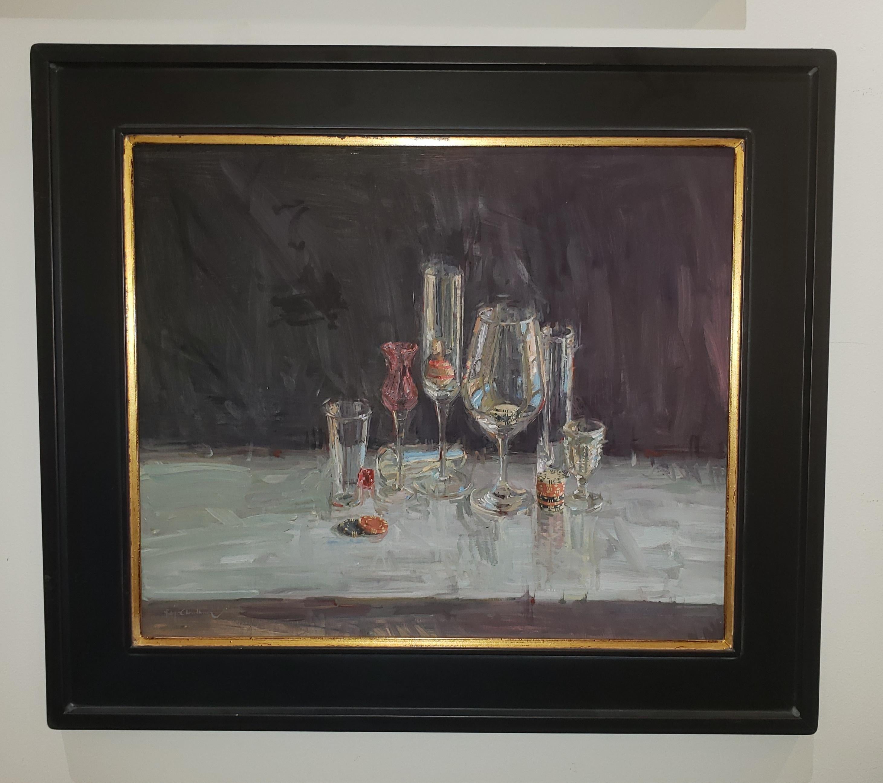 Raj Chaudhuri Still-Life Painting - Party Glasses, Oil, American Impressionistic Style, Traveling Painter, Chess