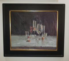 Verres de soirée, huile, style impressionniste américain, peintre de voyage, jeu d'échecs