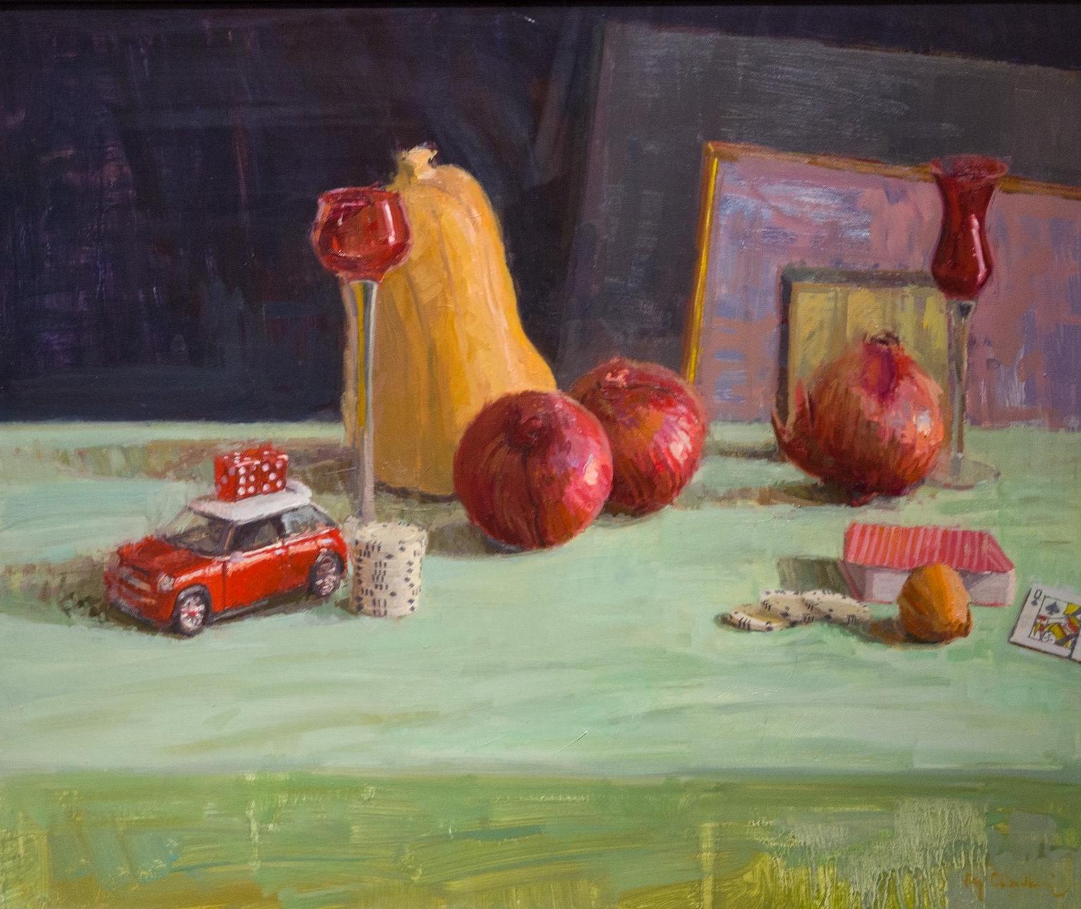 Still Life with Onions  Oil on Panel  American Impressionistic Style  - Painting by Raj Chaudhuri