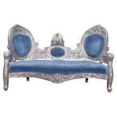 Raj Palace Carved Wood and Silver Covered Repousse Sofa