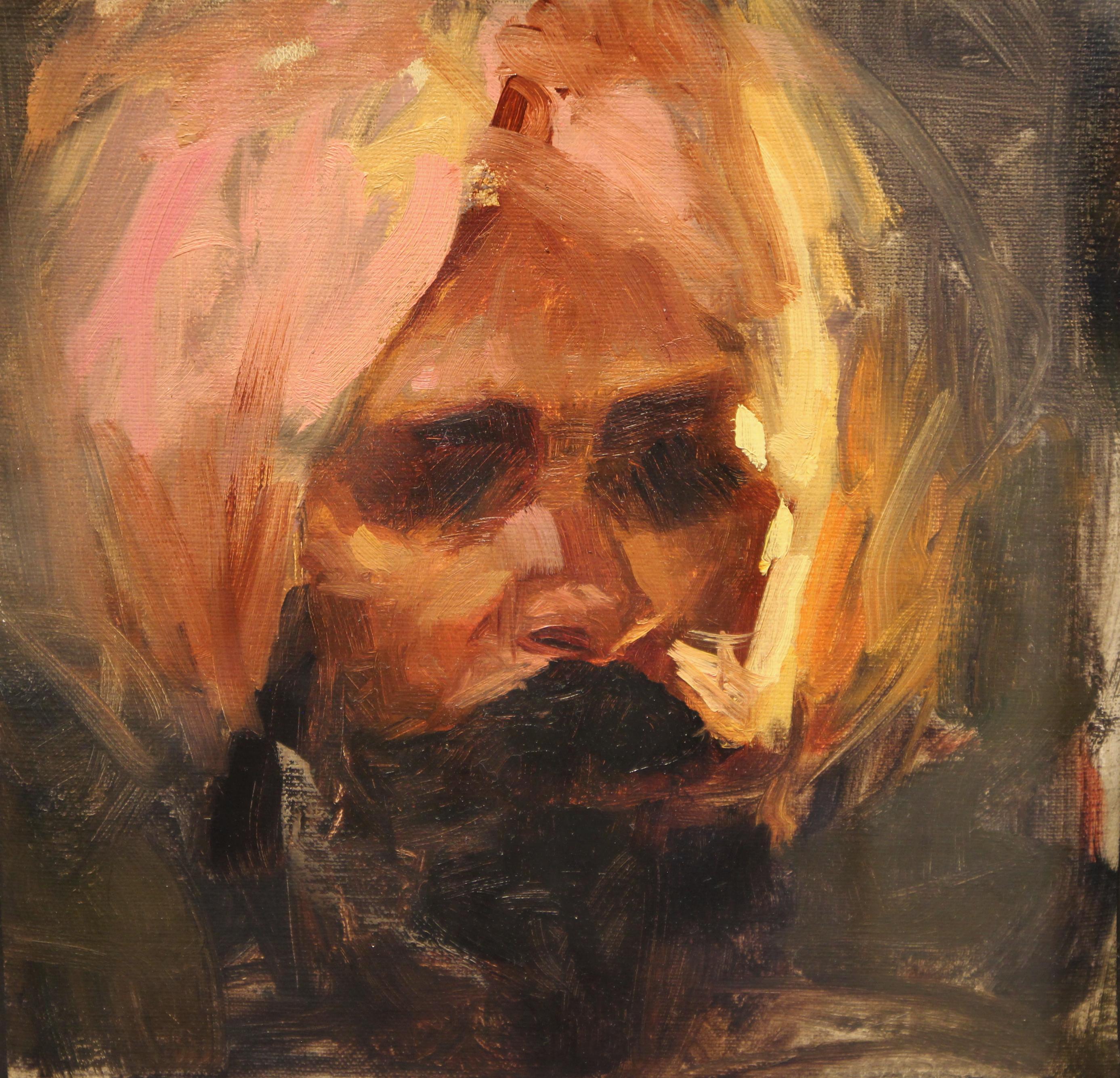 My Father, Instructor of My Life, Oil/ canvas, Museum Glass, Delhi School of Art - Painting by Raj Patel