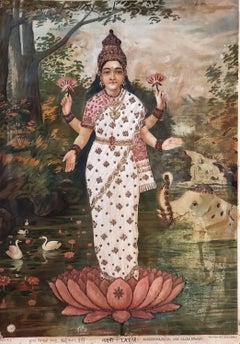 Laxmi Oleograph with embellishment on Paper by Raja Ravi Verma  "In Stock"
