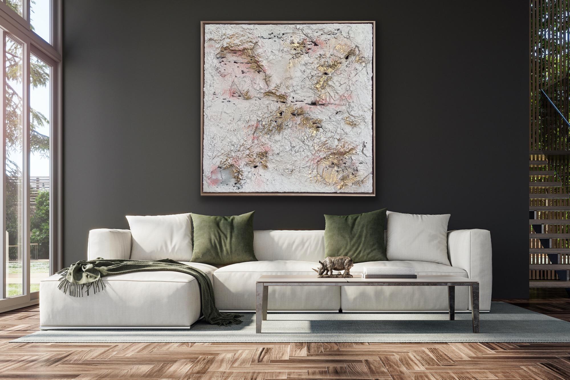 Rosa di cemento, Quadro originale, Arte astratta, Pittura materica, Rosa, Oro - Painting di Rajan Seth