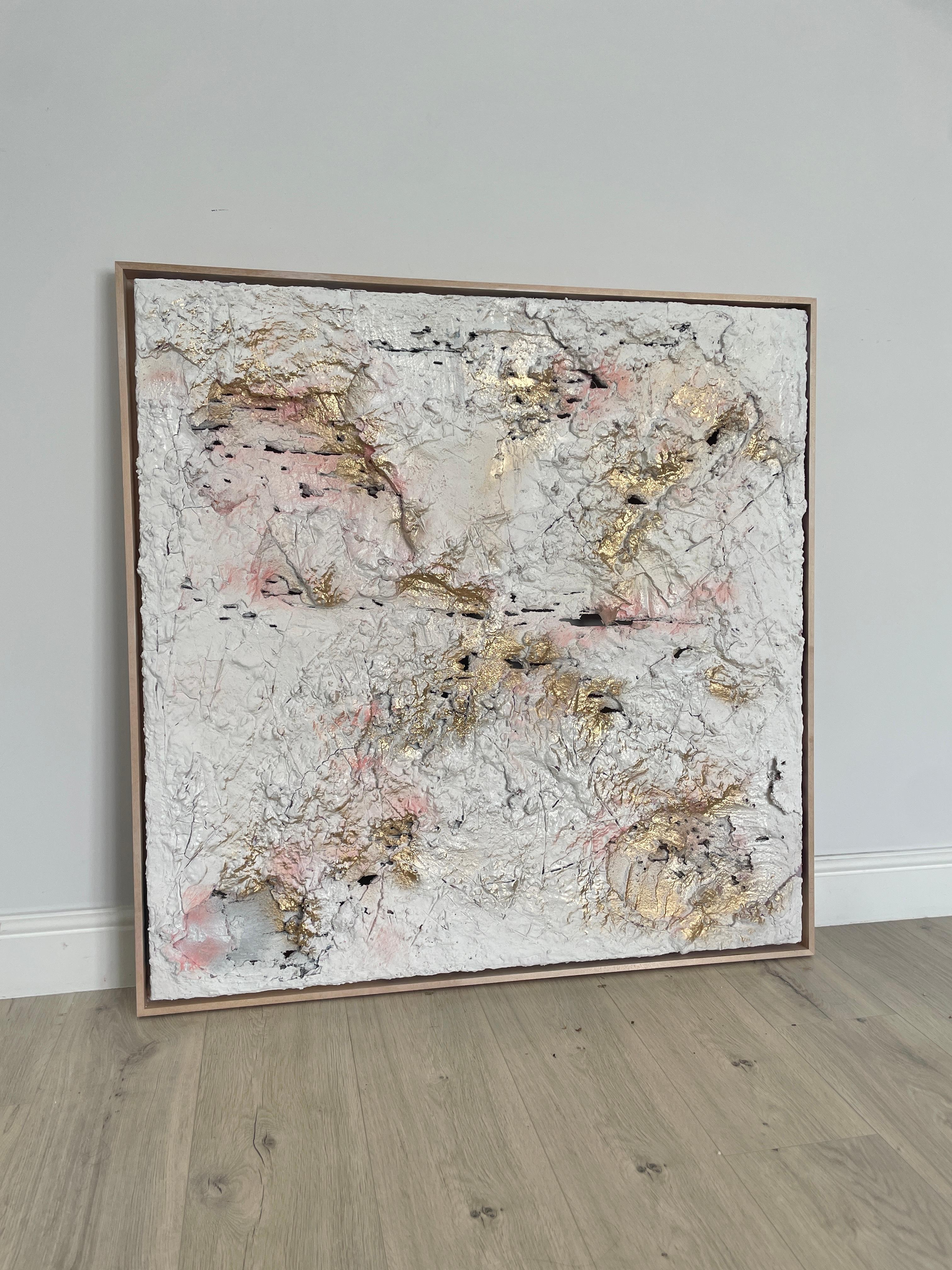 Rosa di cemento, Quadro originale, Arte astratta, Pittura materica, Rosa, Oro 2