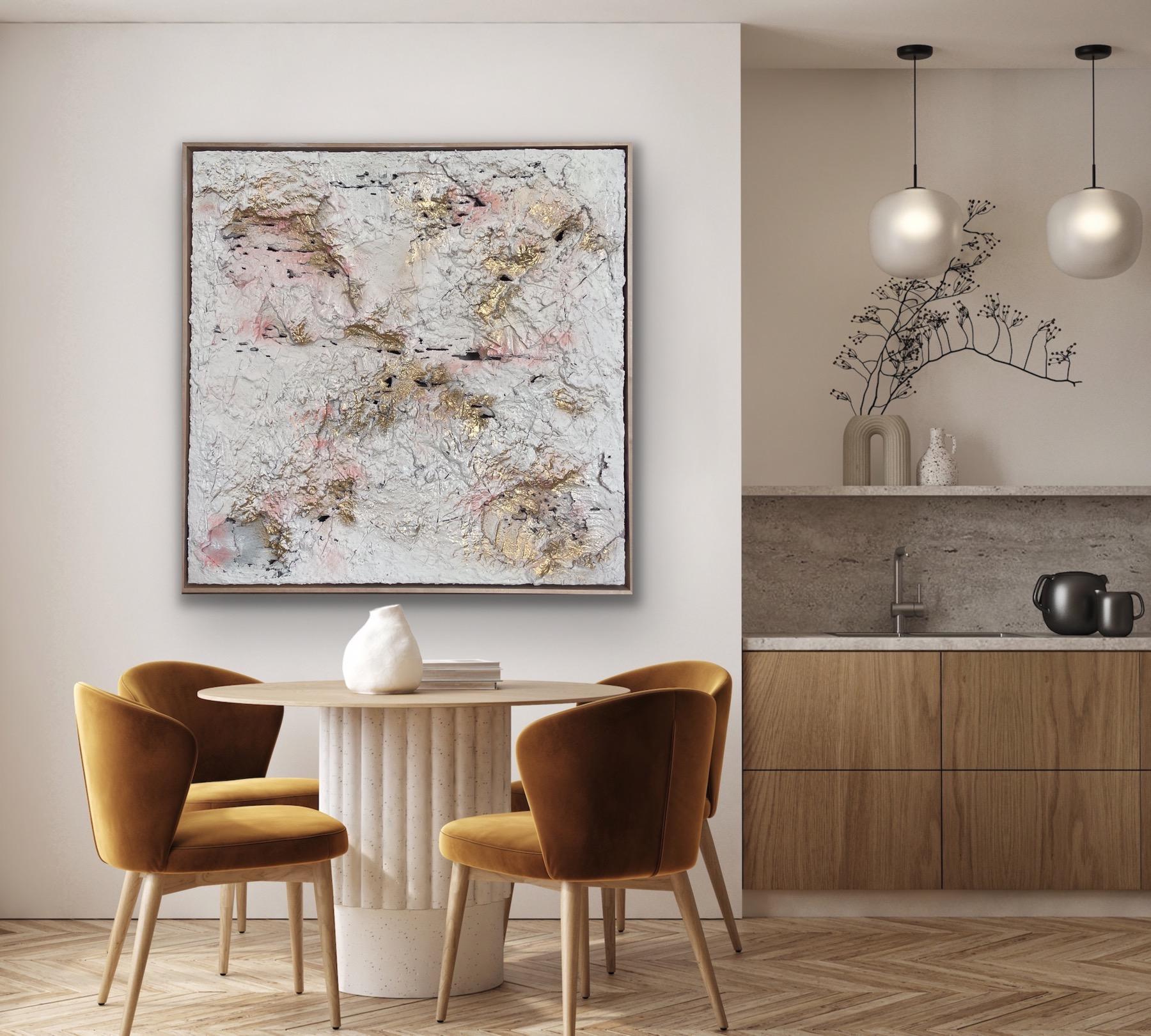 Rosa di cemento, Quadro originale, Arte astratta, Pittura materica, Rosa, Oro 3