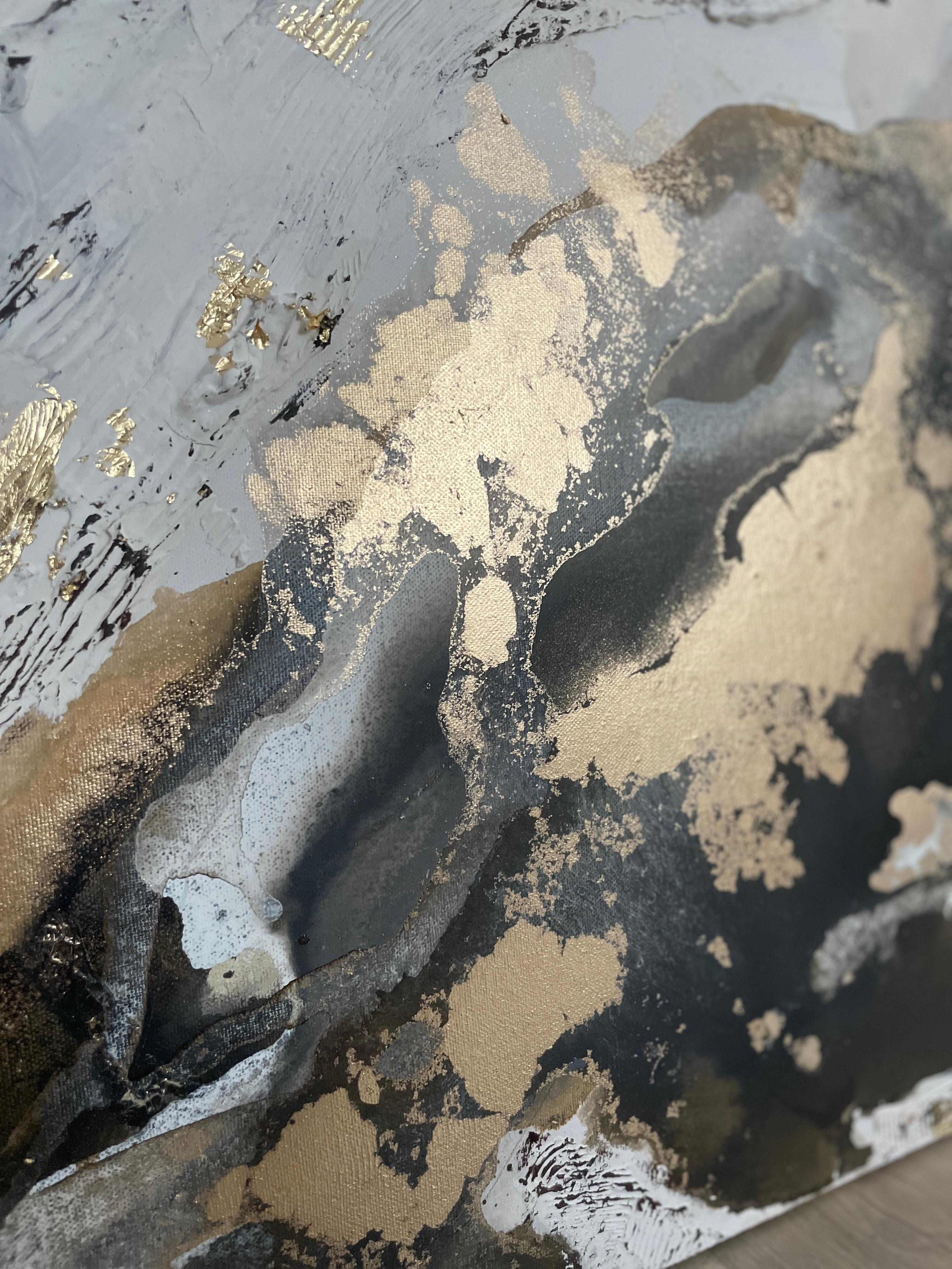 Cavaliere Oscuro, Pittura originale, Arte astratta, Stone, Pittura materica, Arte 3D - Landscape Painting Oro di Rajan Seth