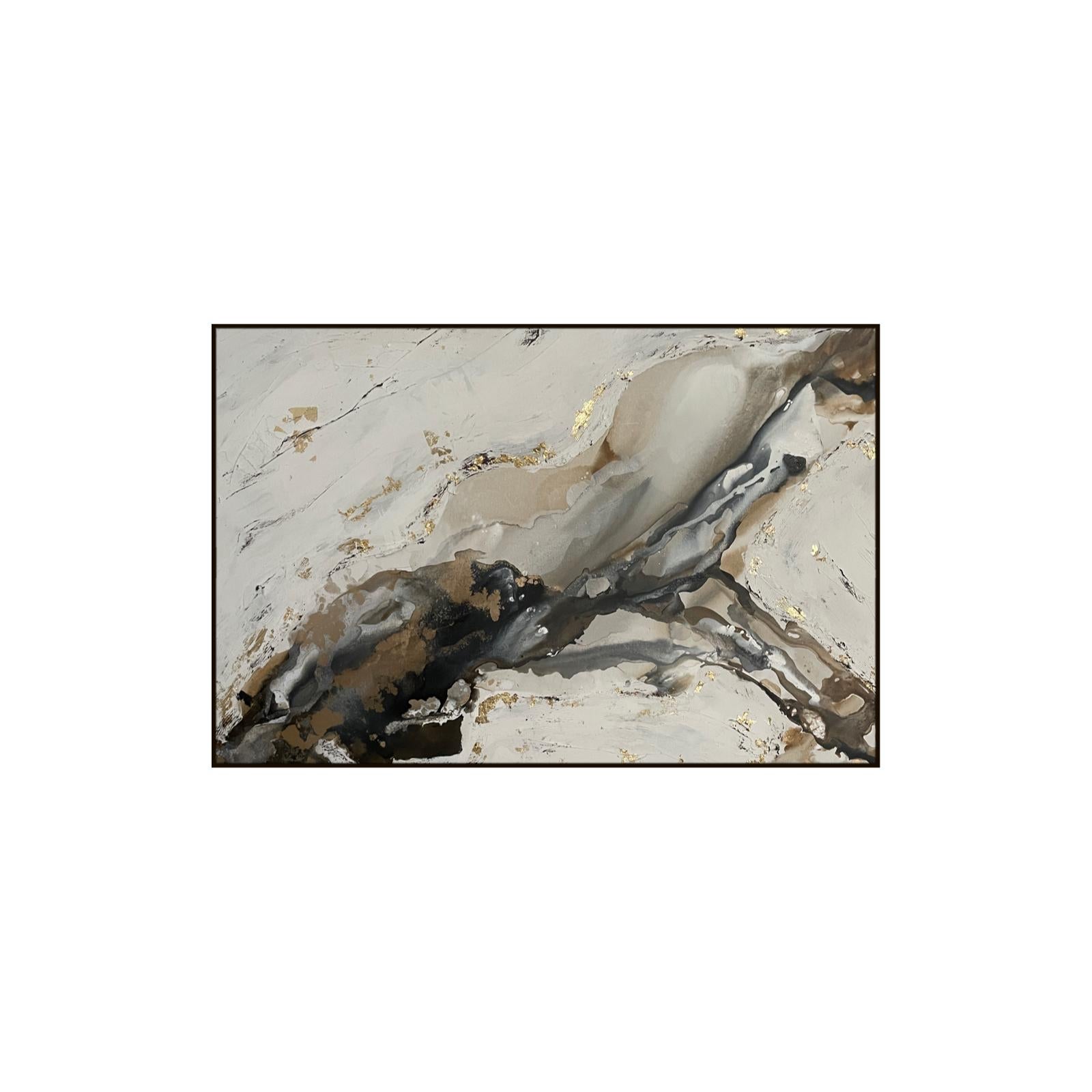 Quadro originale a tecnica mista di Rajan SETH. Questo dipinto è realizzato con un mix di tonalità adatte agli interni, a partire da inchiostri nelle tonalità del bianco sporco, del grigio chiaro, del marrone scuro e del nero. A questi si