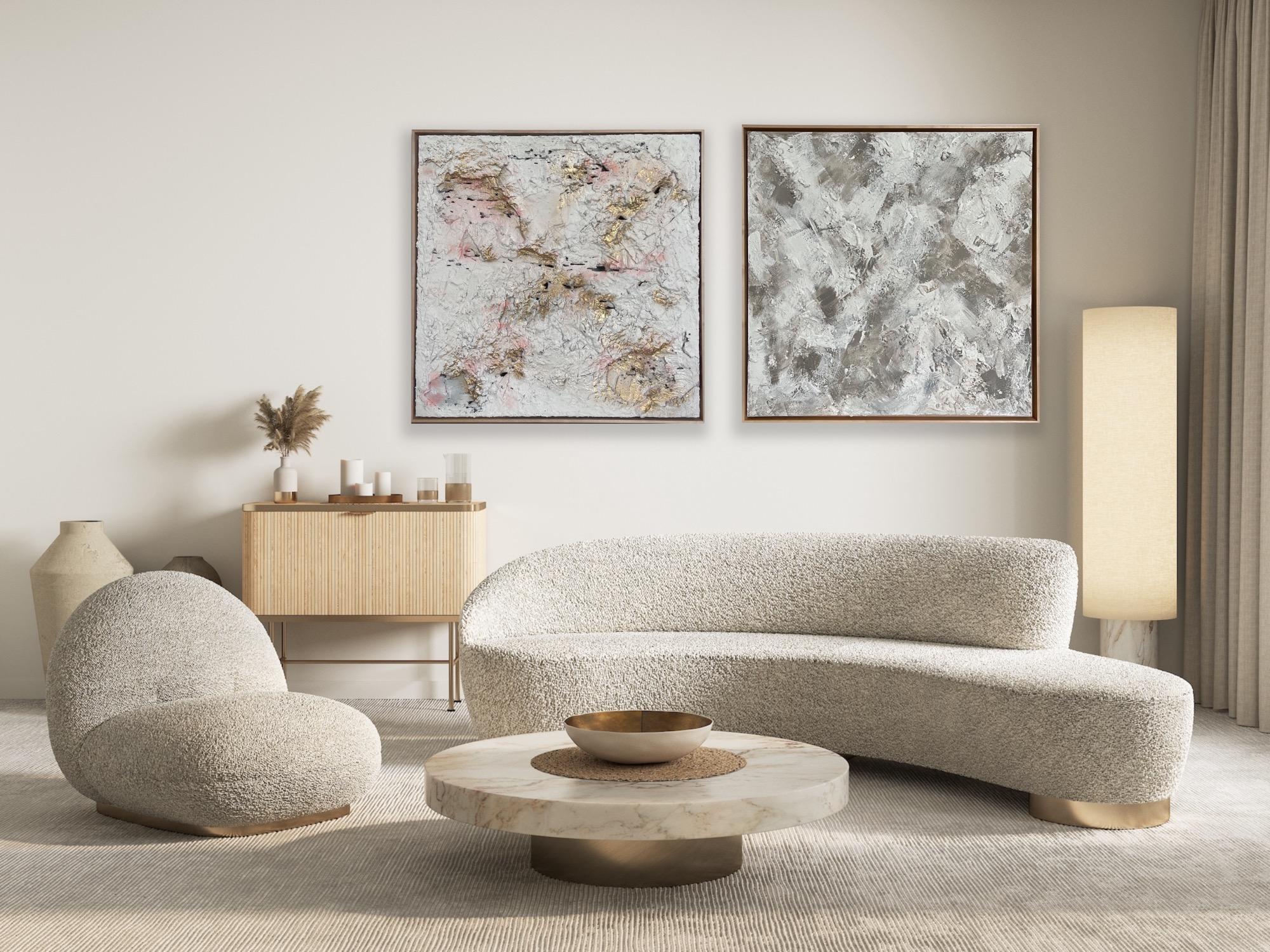 Diptych of Taupe and Concrete Rose, Original painting, Abstract, Textured art - Painting by Rajan Seth