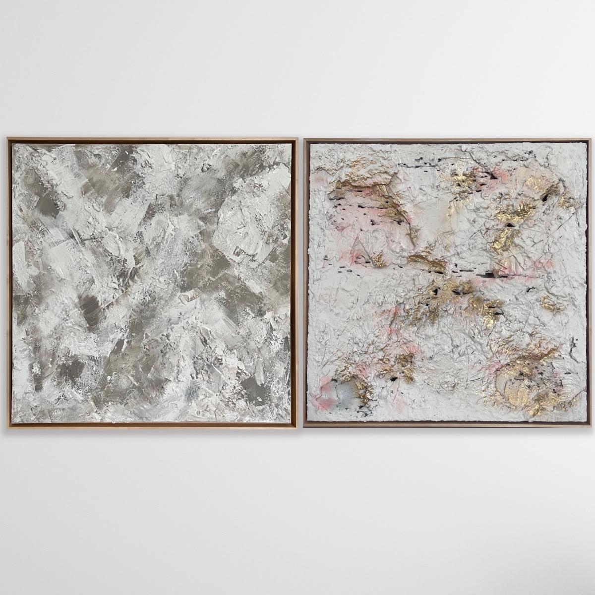 Rajan Seth Landscape Painting - Diptych of Taupe and Concrete Rose, Original painting, Abstract, Textured art