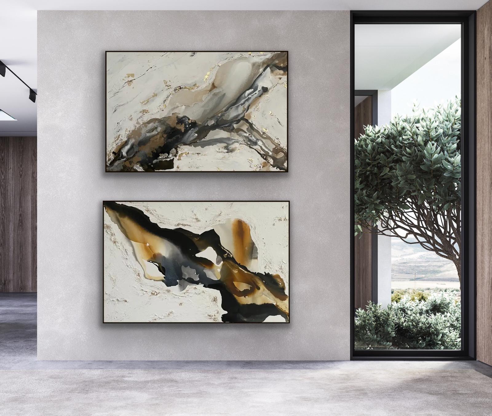 Dittico Moka e Cavaliere Oscuro, Pittura originale, Astratto, Arte 3D testuale - Painting di Rajan Seth