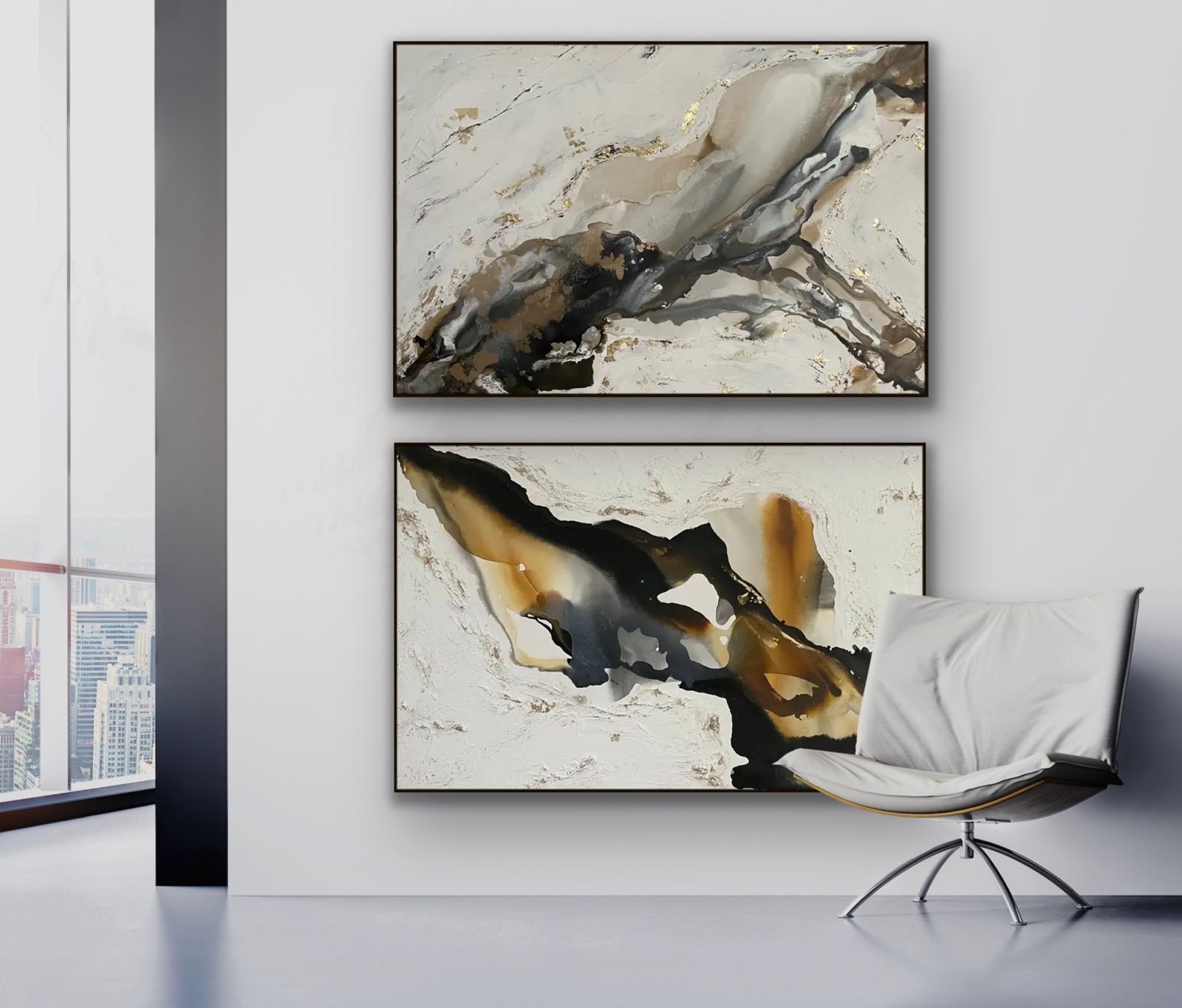 Dittico Moka e Cavaliere Oscuro, Pittura originale, Astratto, Arte 3D testuale 3