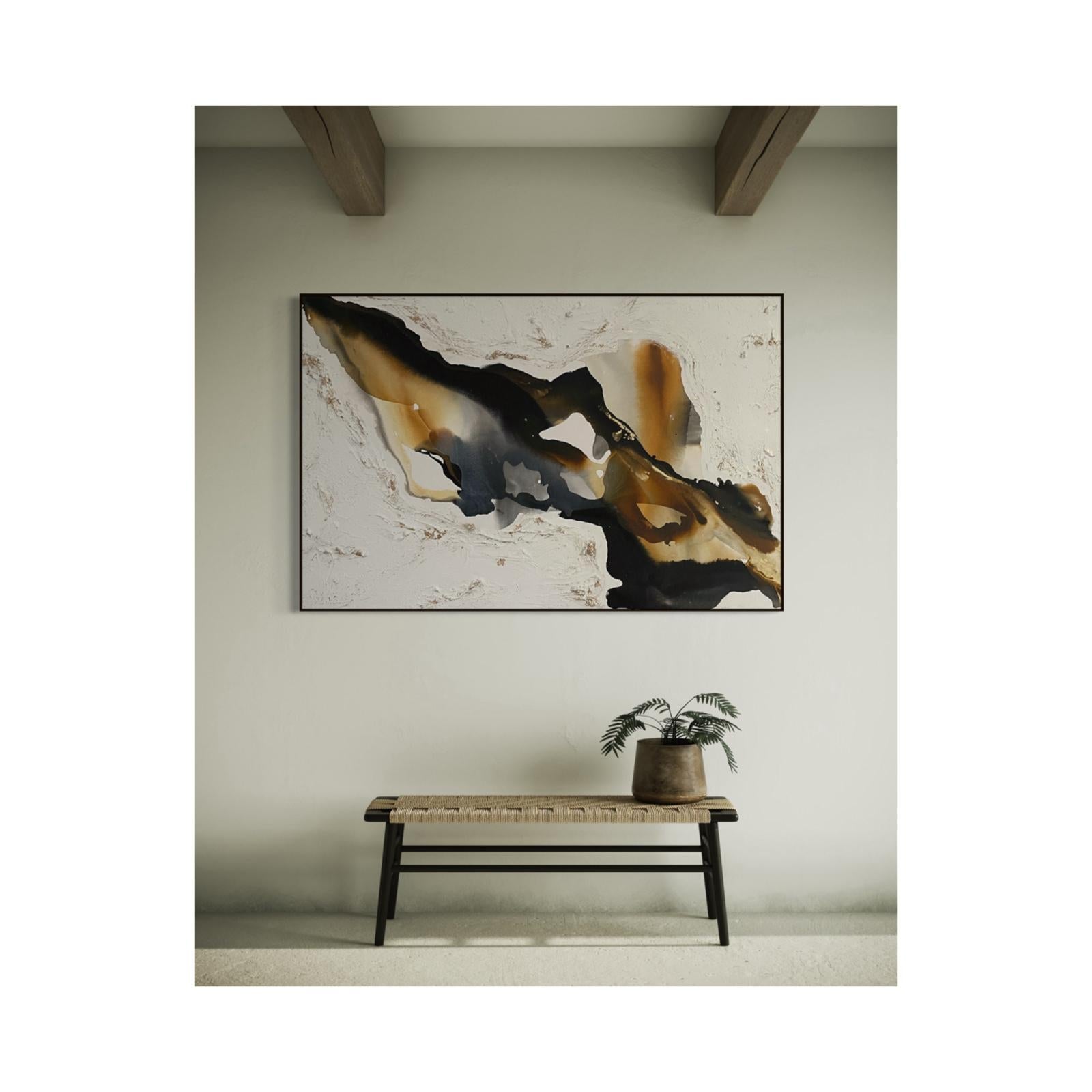 Pittura a tecnica mista dell'artista Rajan Seth L'immaginazione di quest'opera si basa sui colori del caffè. Le tonalità contrastanti del marrone e del caramello si contrappongono ai toni più chiari dell'oro e a quelli più scuri del nero. L'area