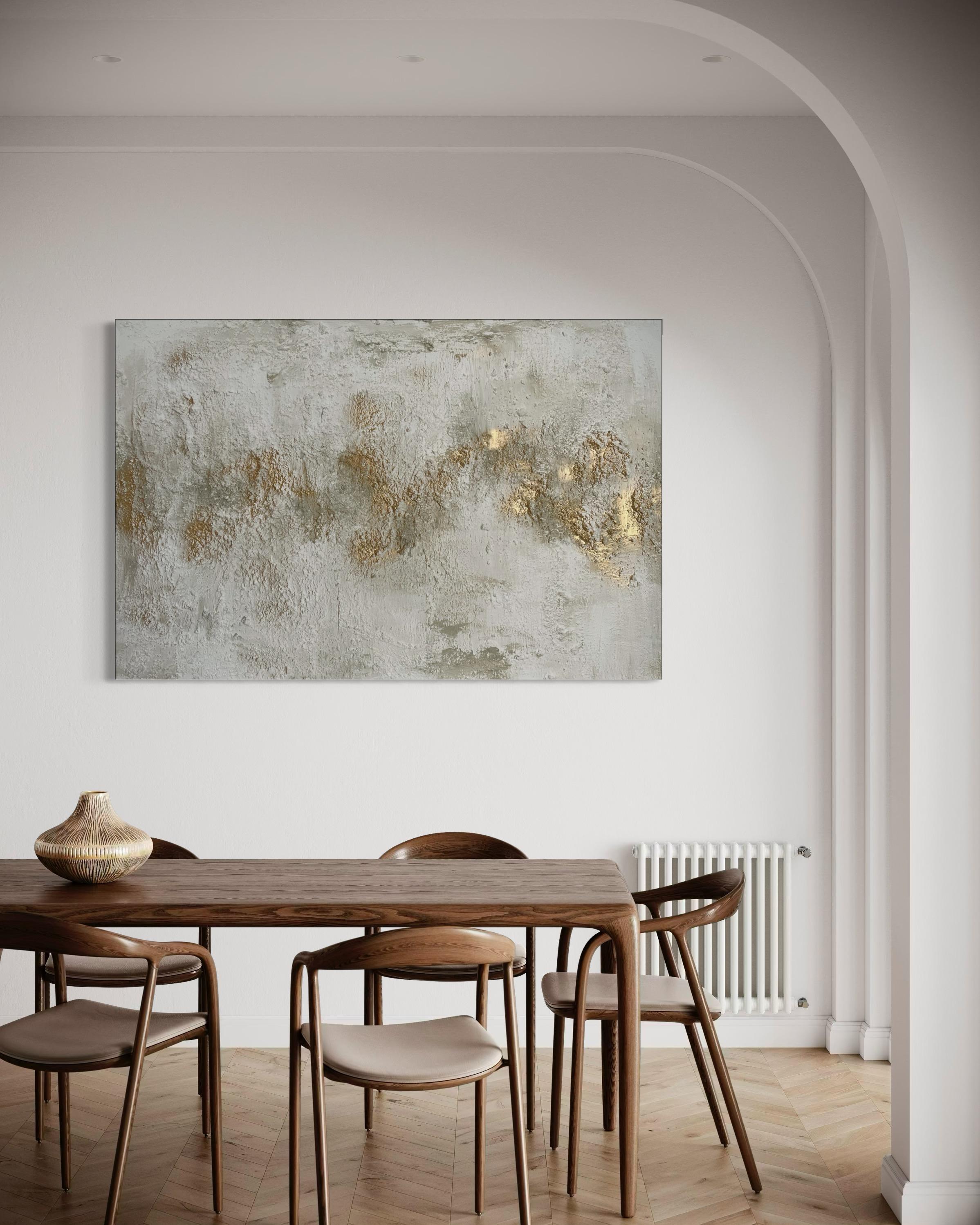 Pintura en técnica mixta de Rajan Seth. Una obra de arte abstracto contemporáneo. La yuxtaposición de colores y estilos es el aspecto clave de esta obra, acabada con oro metálico, para una reflexión importante.

INFORMACIÓN ADICIONAL:
Pintura