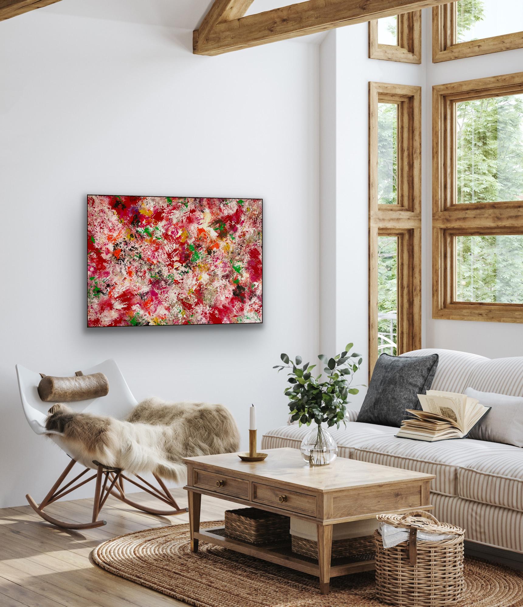 Pittura a tecnica mista su tela. Questo quadro astratto è una celebrazione dell'energia, della passione e dell'audace creatività. Il tema si basa sui colori vivaci del rosso, dell'arancione, del rosa e del verde.

Informazioni aggiuntive:
Pittura