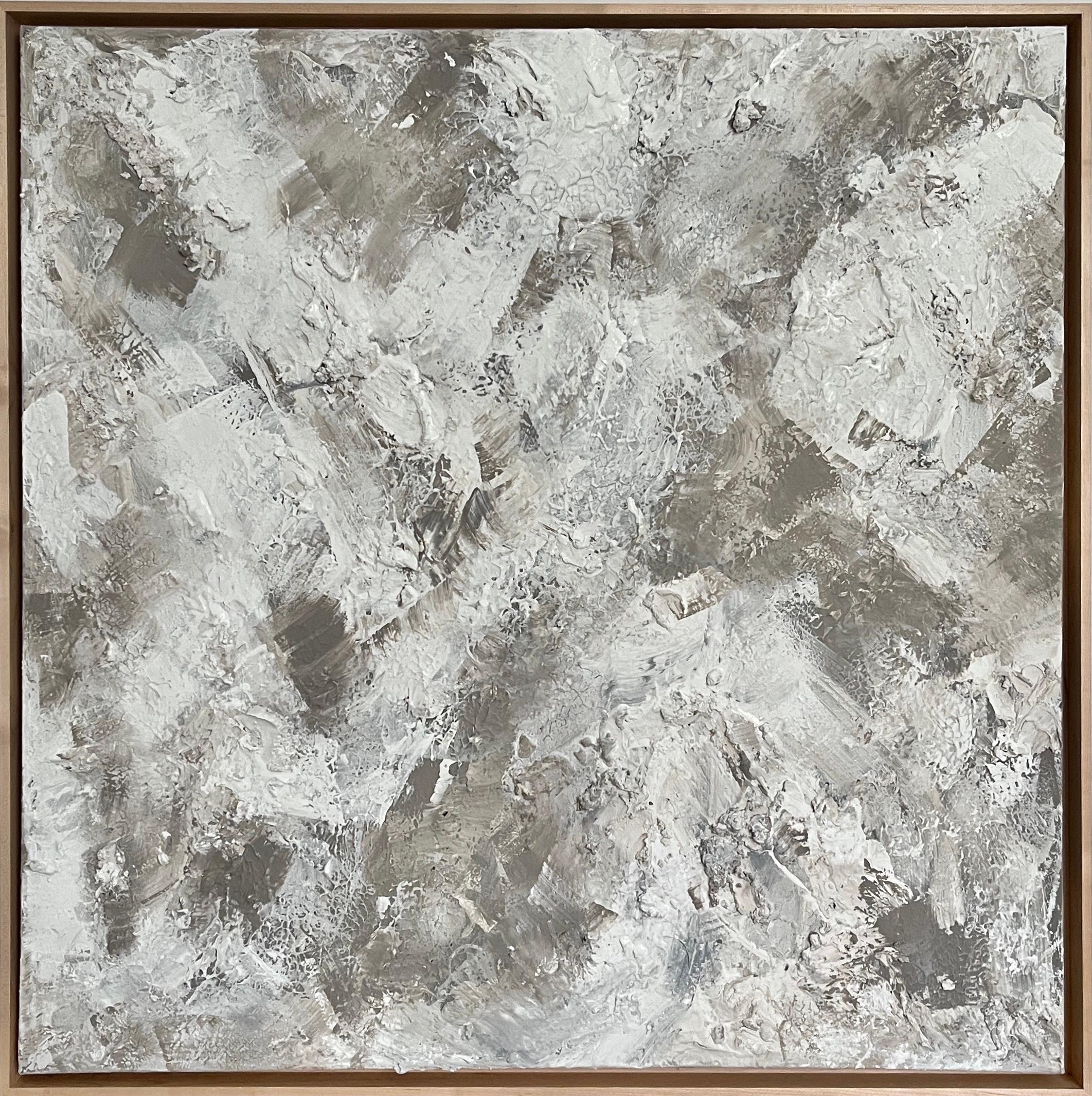 Landscape Painting Rajan Seth - taupe, art abstrait, peinture texturée, blanc, gris, moderne