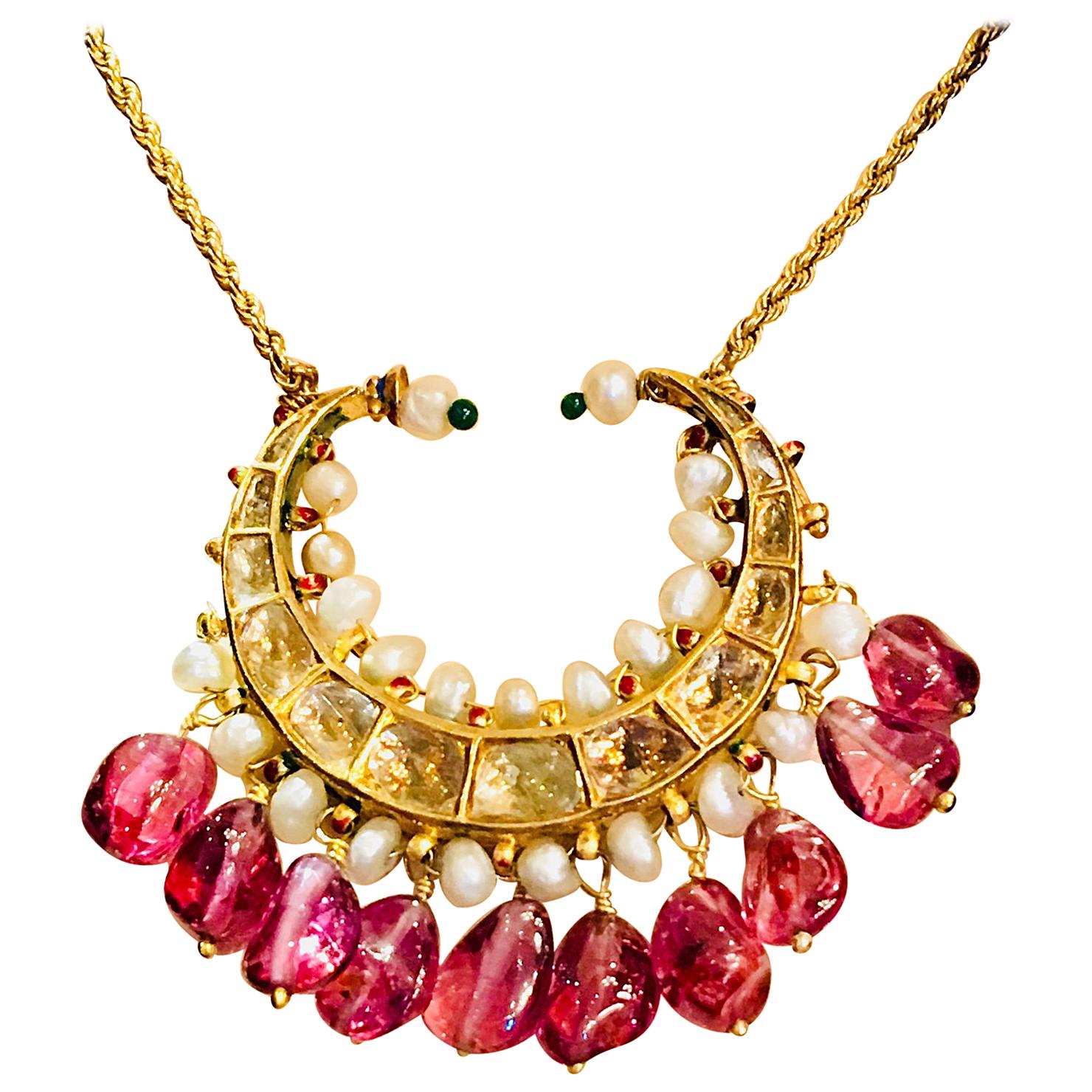 Rajasthani Aria Mughal Diamond Ruby Seed Pearl Enamel Crescent Gold Necklace