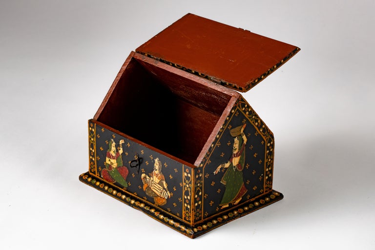 Rajasthani Indian Hand Painted Vaulted Jewelry Dowry Box For Sale at
