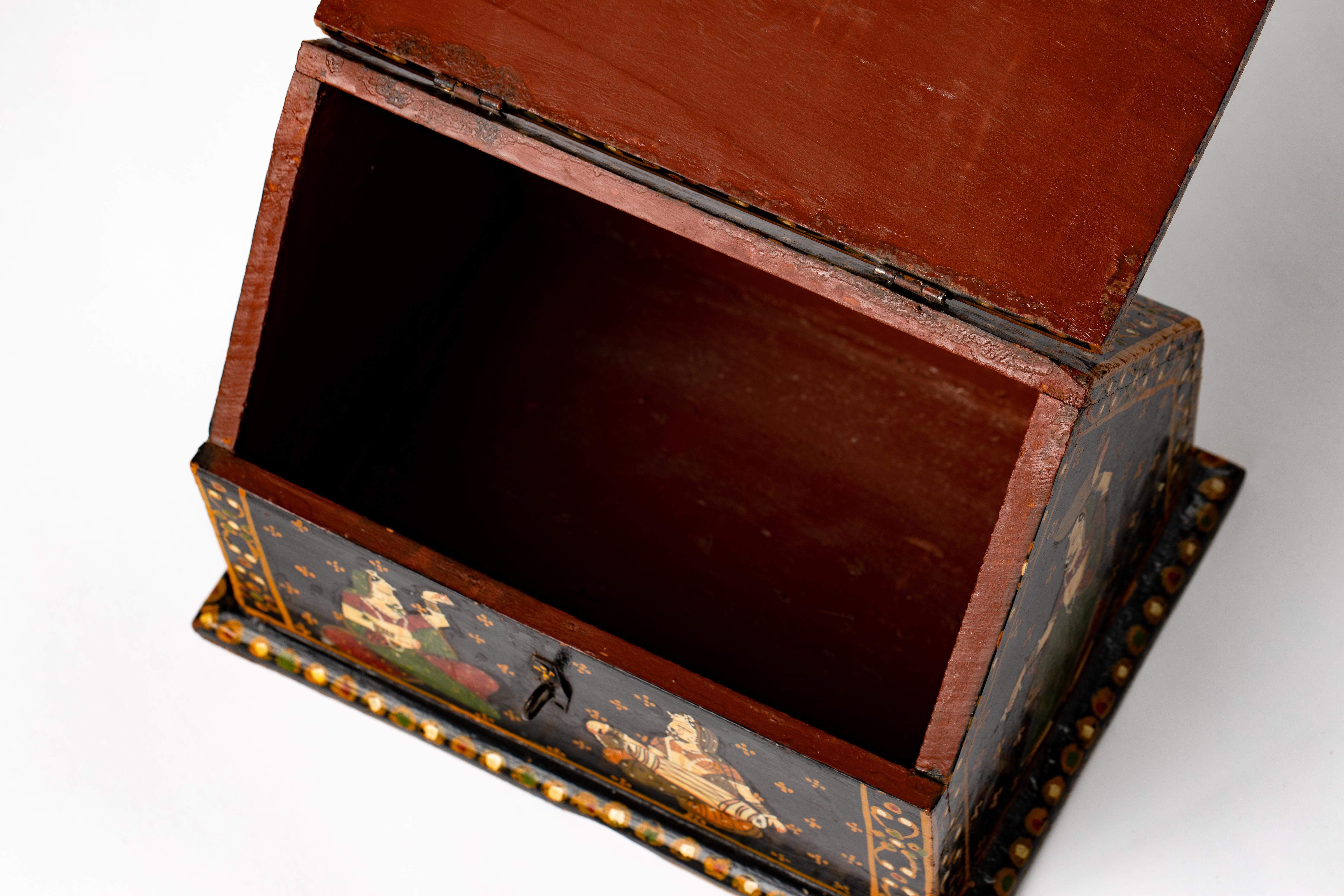Rajasthani Indian Hand Painted Wood Jewelry Dowry Box For Sale 2