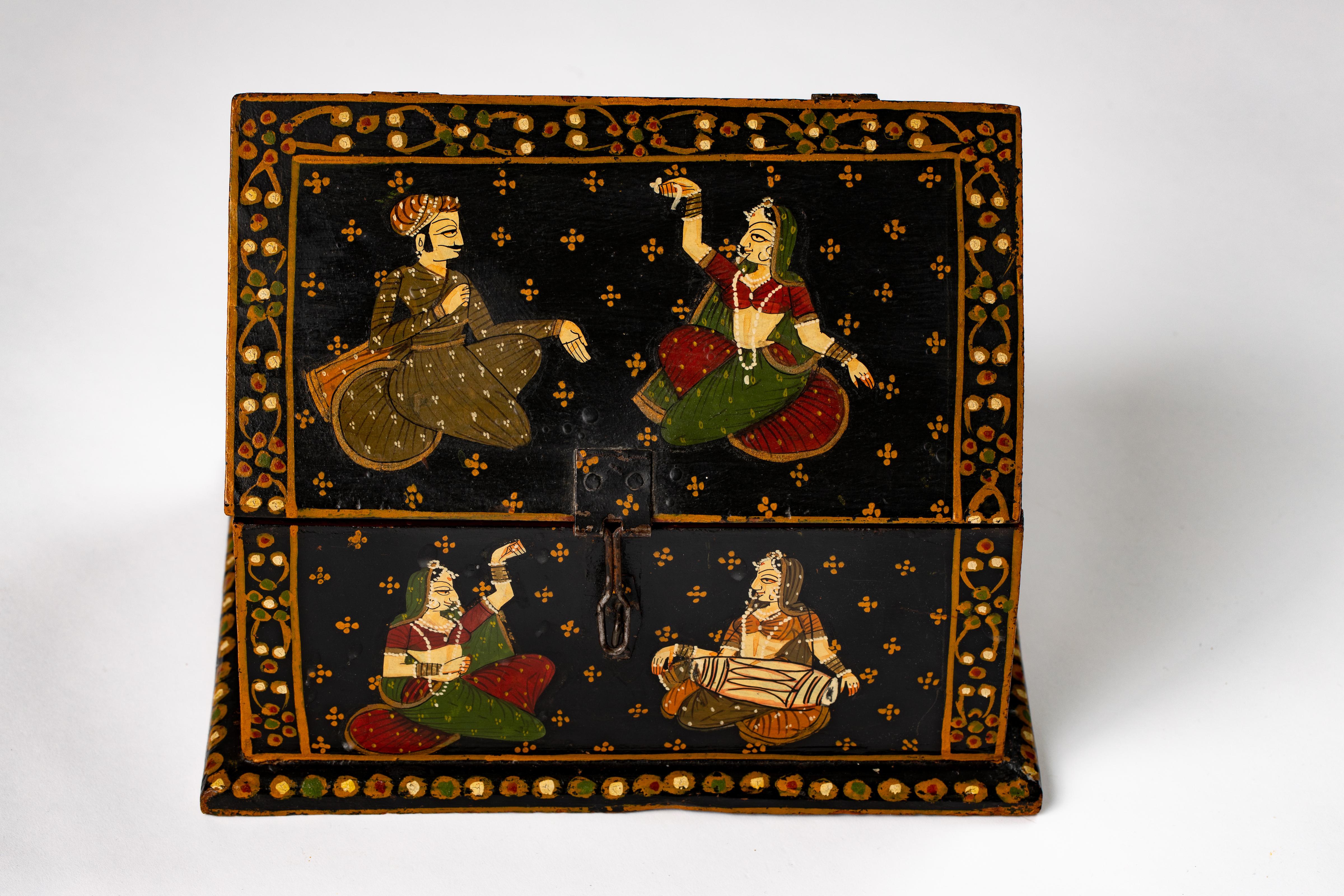 Rajasthani Indian Hand Painted Wood Jewelry Dowry Box For Sale 5