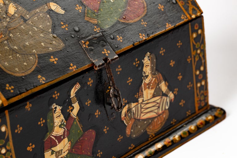 Rajasthani Indian Hand Painted Vaulted Jewelry Dowry Box For Sale at