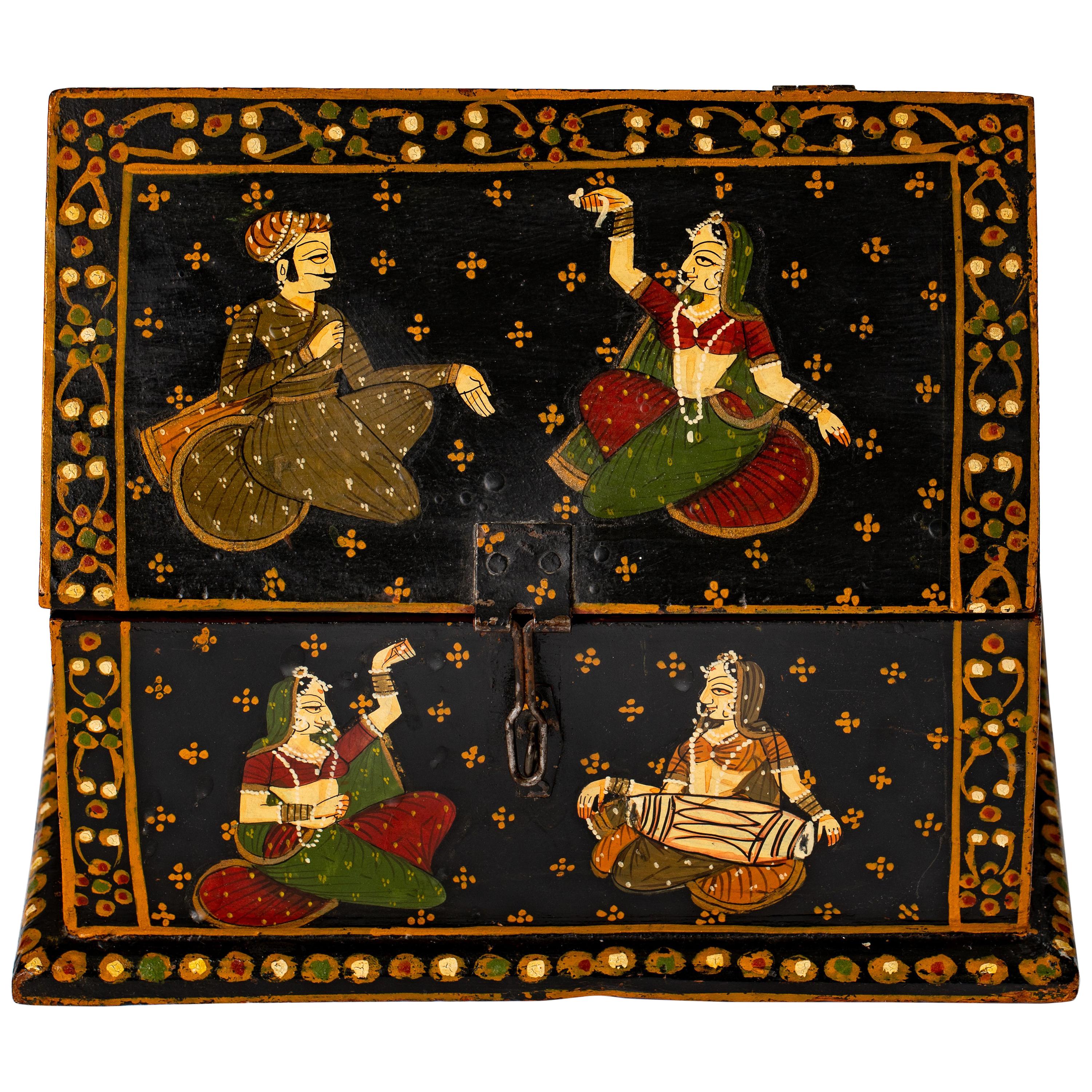 Indischer handbemalter Rajasthani-Schmuckkästchen aus Holz, Dowry-Kasten im Angebot