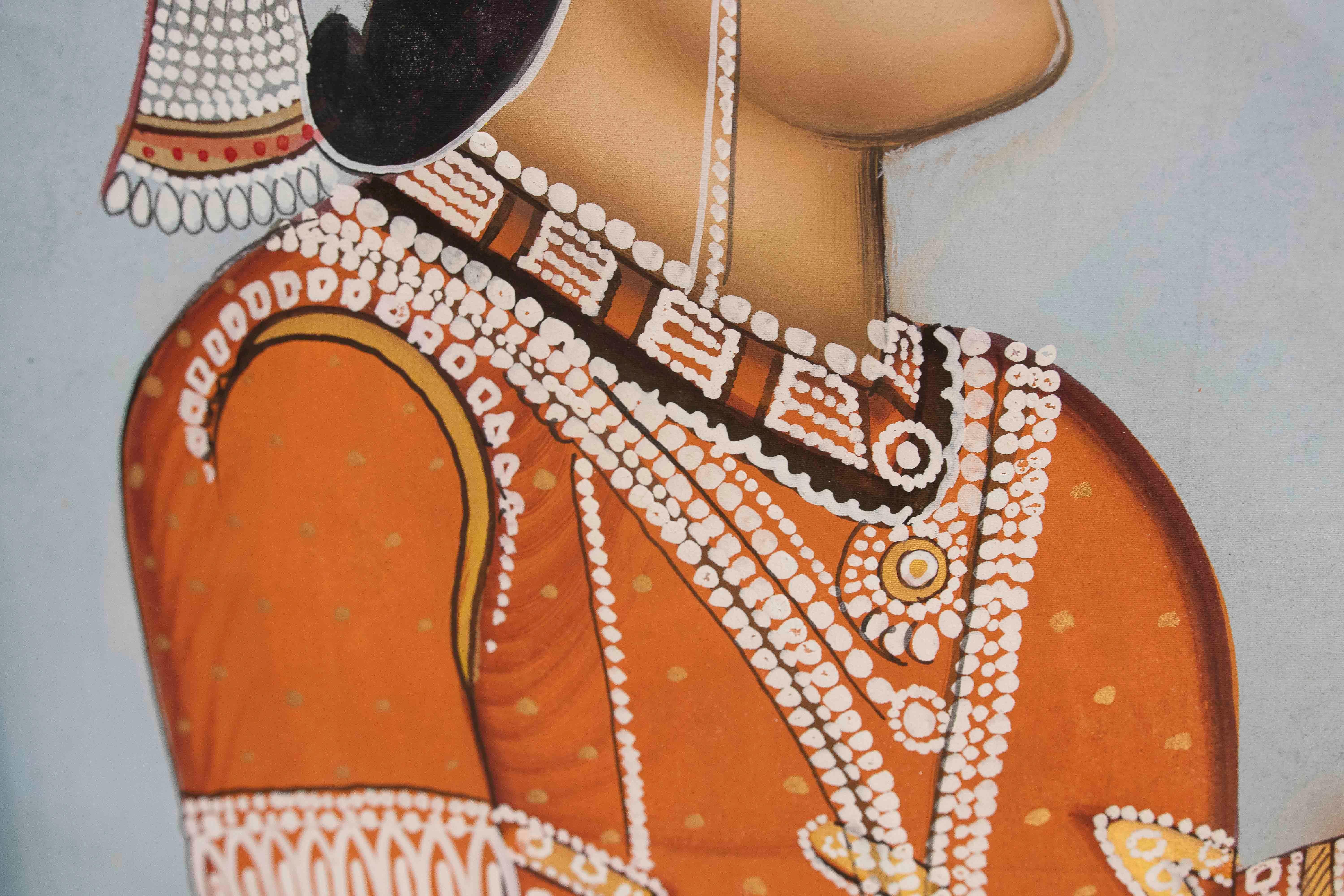 Rajasthani Indian Painting with Nobleman Holding Lotus Flower and Pearl Necklace For Sale 7