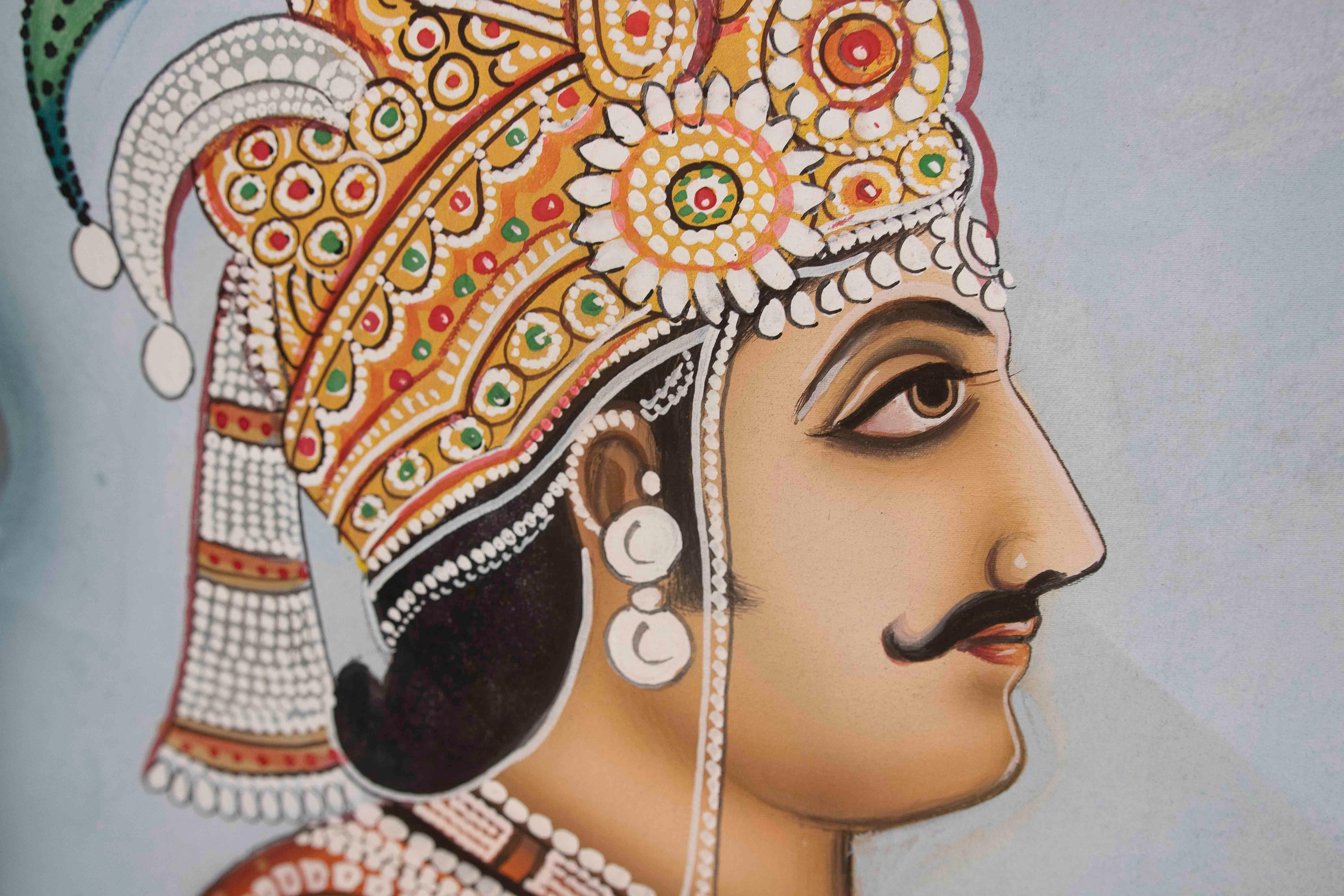Rajasthani Indian Painting with Nobleman Holding Lotus Flower and Pearl Necklace For Sale 8