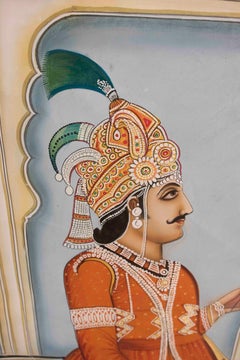 Rajasthani Indian Painting with Nobleman Holding Lotus Flower and Pearl Necklace