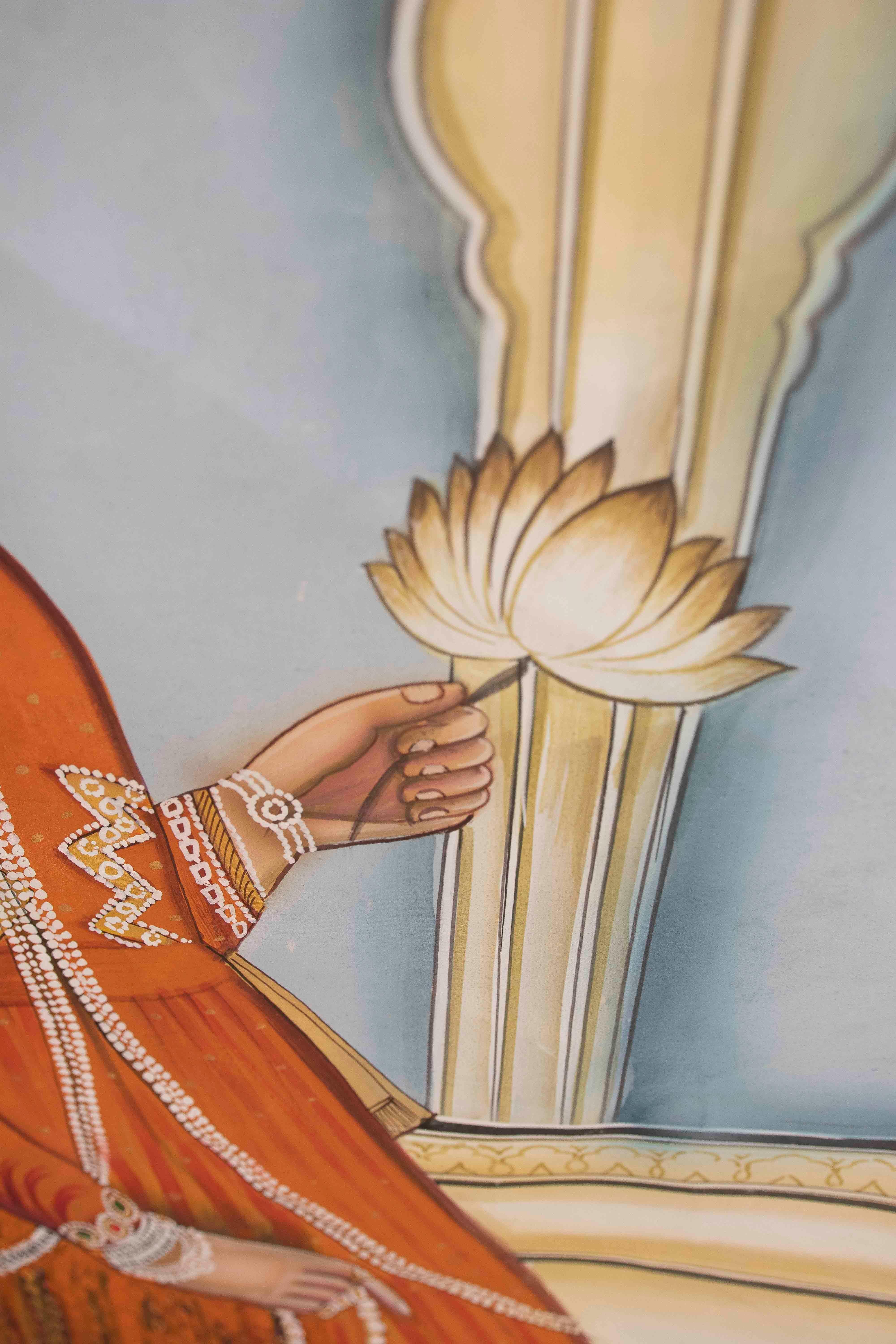 Rajasthani Indian Painting with Nobleman Holding Lotus Flower and Pearl Necklace In Good Condition For Sale In Marbella, ES