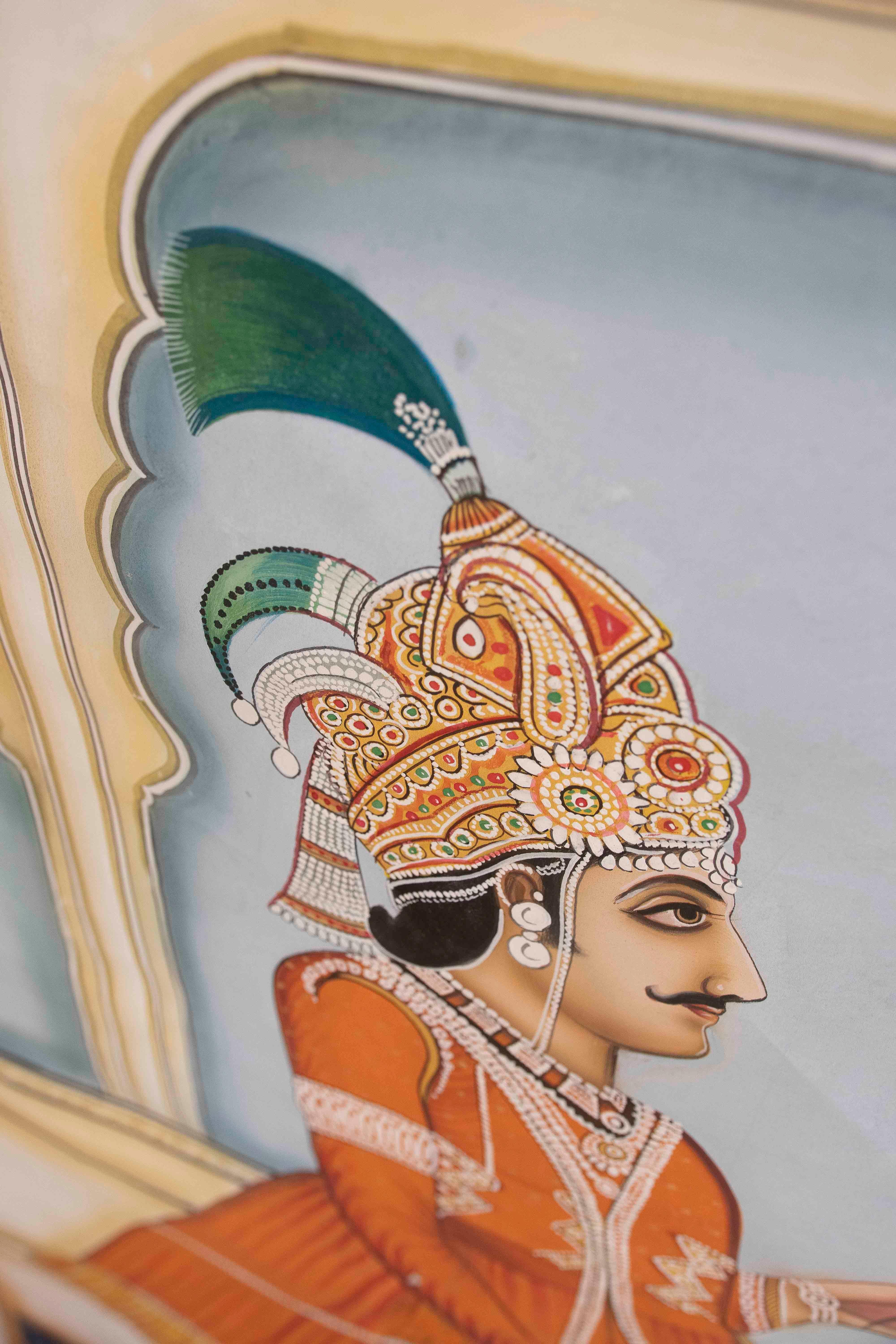 Fabric Rajasthani Indian Painting with Nobleman Holding Lotus Flower and Pearl Necklace For Sale