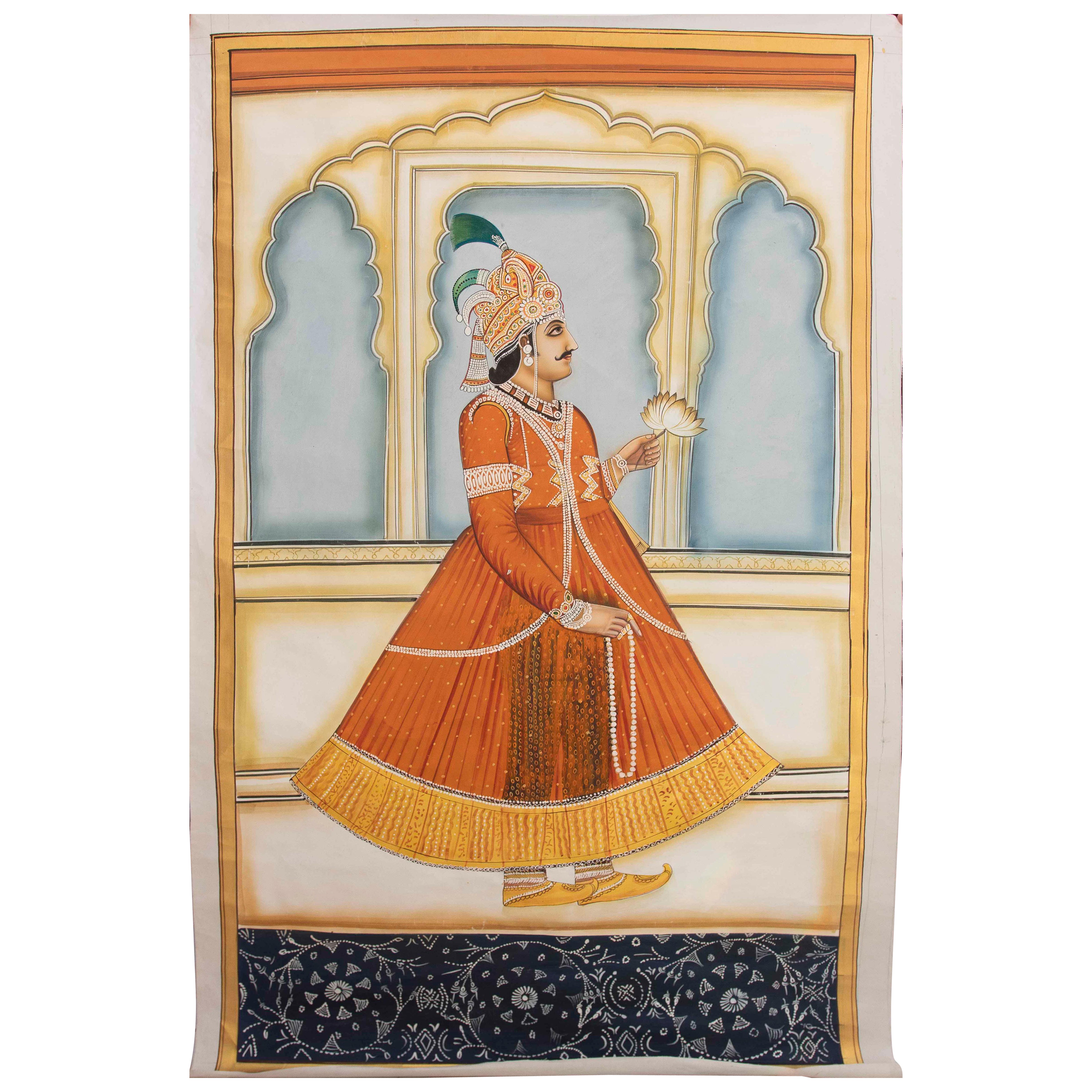 Rajasthani Indian Painting with Nobleman Holding Lotus Flower and Pearl Necklace For Sale