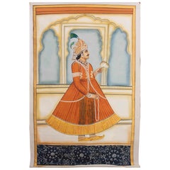 Peinture indienne Rajasthani avec noble tenant une fleur de lotus et collier de perles