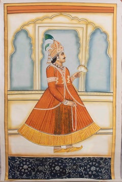 Rajasthani Indian Painting with Nobleman Holding Lotus Flower and Pearl Necklace