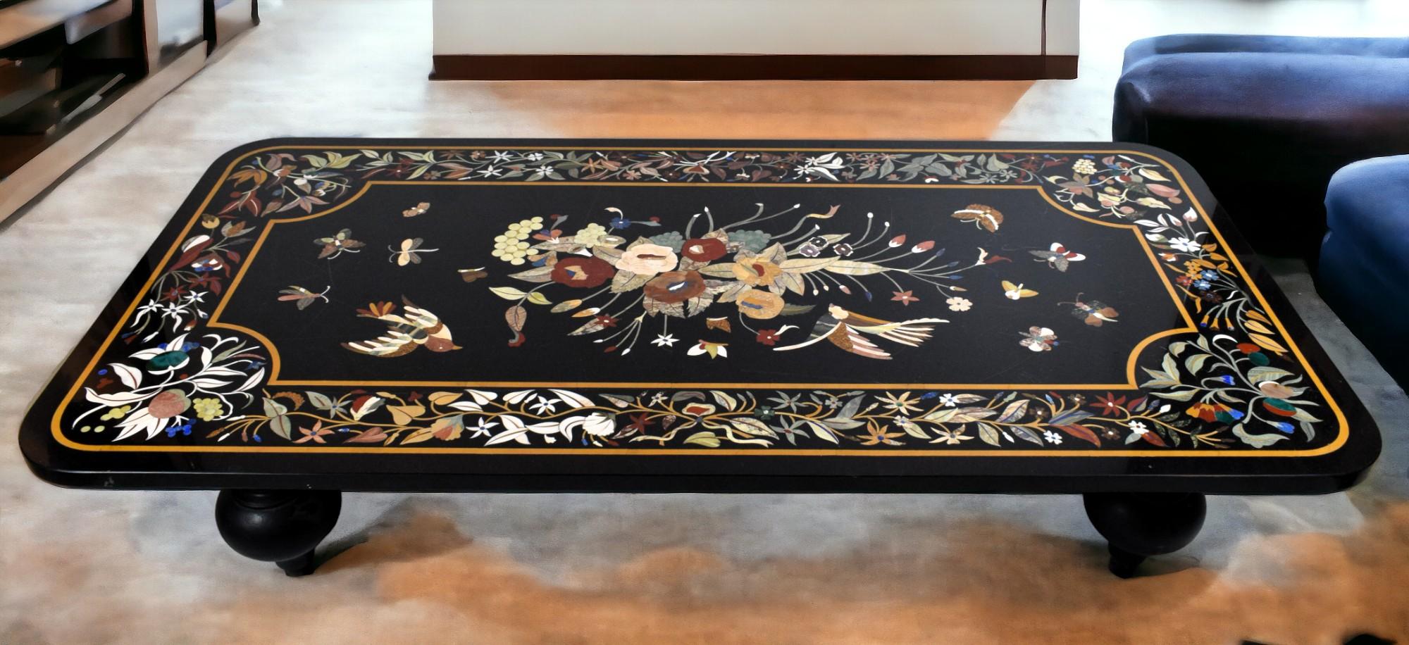 Indian Rajasthani Pietra Dura Granite Table Top With Semi-precious Stones Inlay For Sale