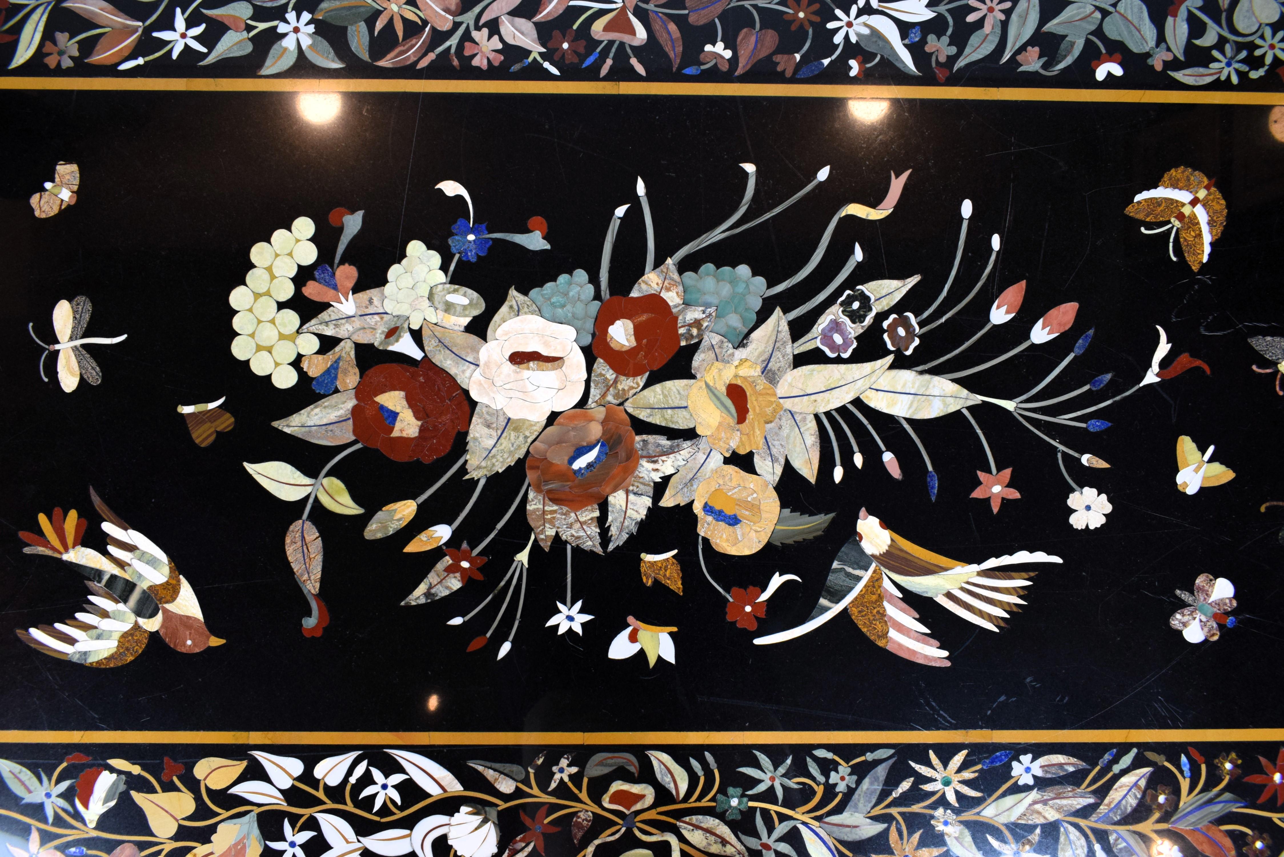 Agate Rajasthani Pietra Dura Granite Table Top With Semi-precious Stones Inlay For Sale