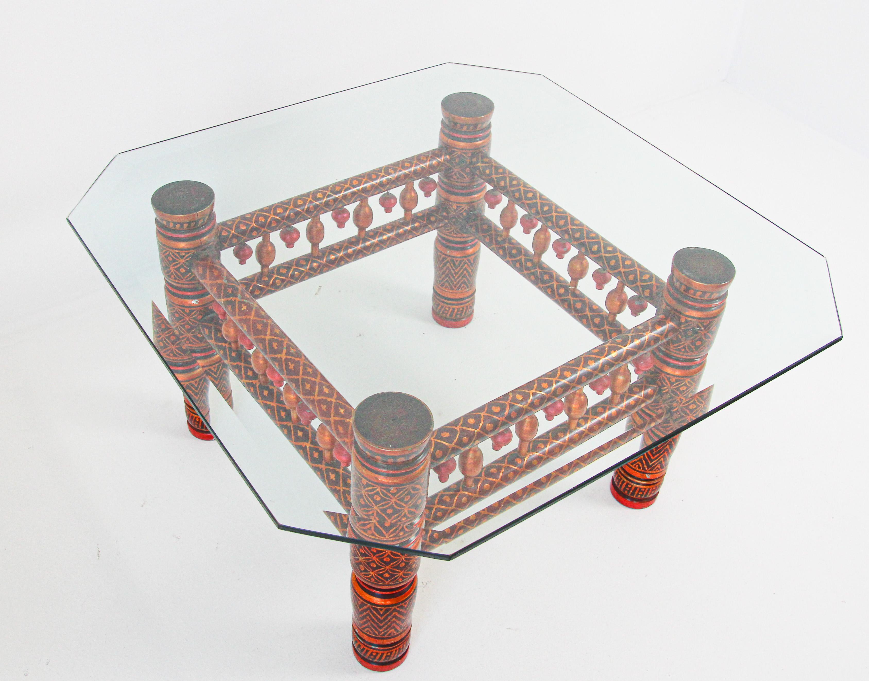 Rajasthani Red Coffee Table with Glass Top, India For Sale 4