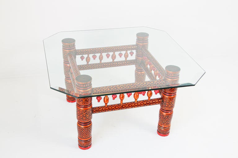 Rajasthani Red Coffee Table with Glass Top, India For Sale at 1stDibs