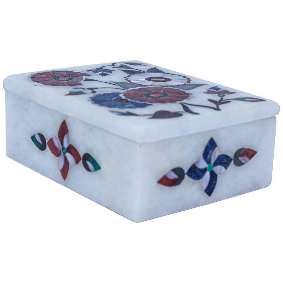 Vintage White Marble Box with Inlaid Top at 1stdibs