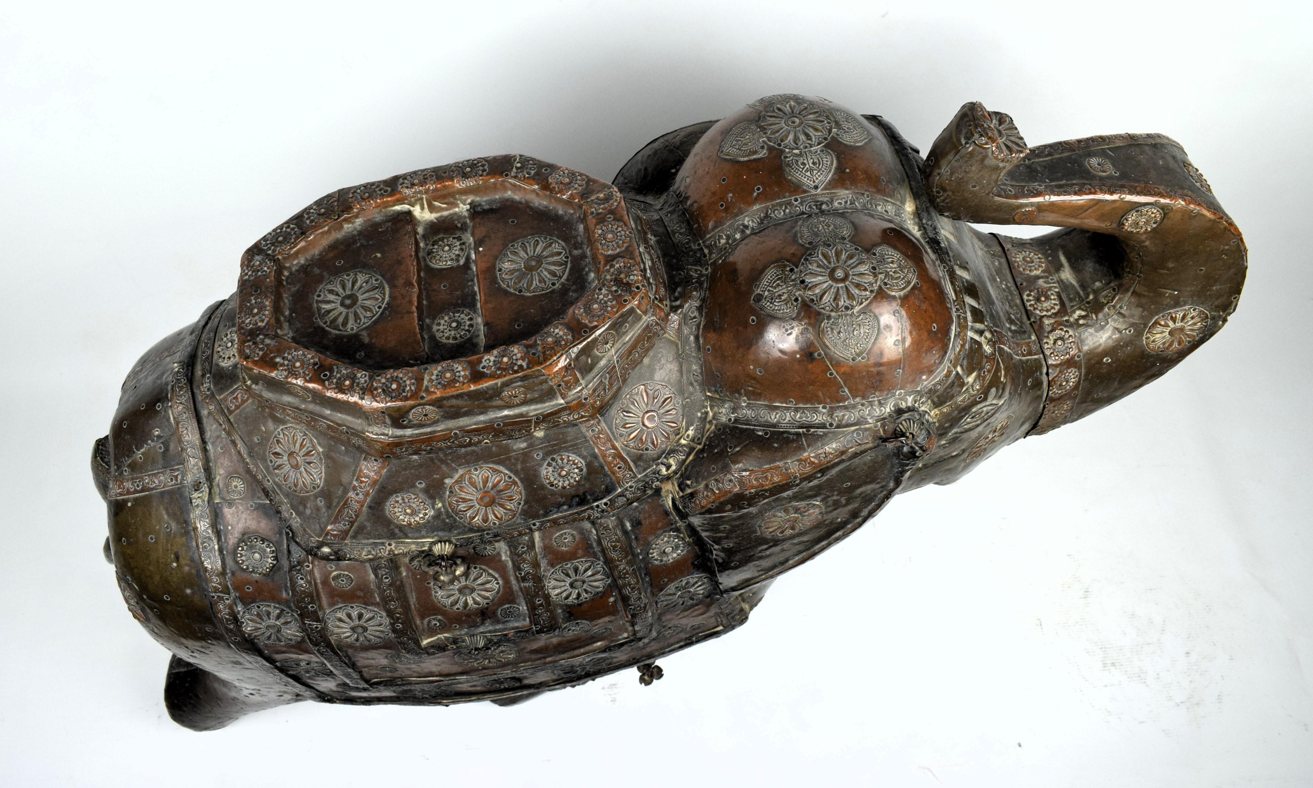 Anglo-Indian Rajasthani Wood Elephant adorned with a Brass and Copper sheet, 20th Century For Sale