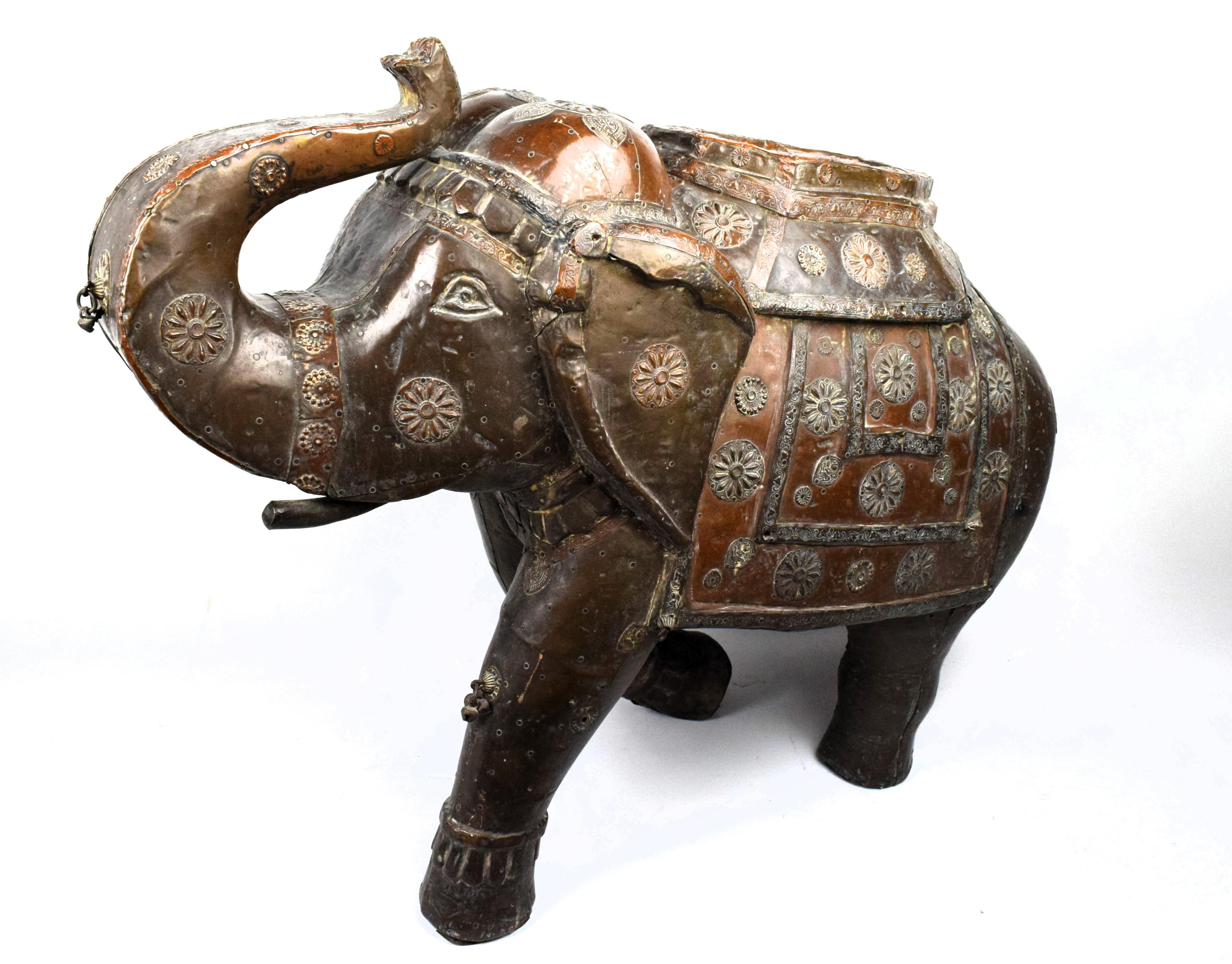 Indian Rajasthani Wood Elephant adorned with a Brass and Copper sheet, 20th Century For Sale