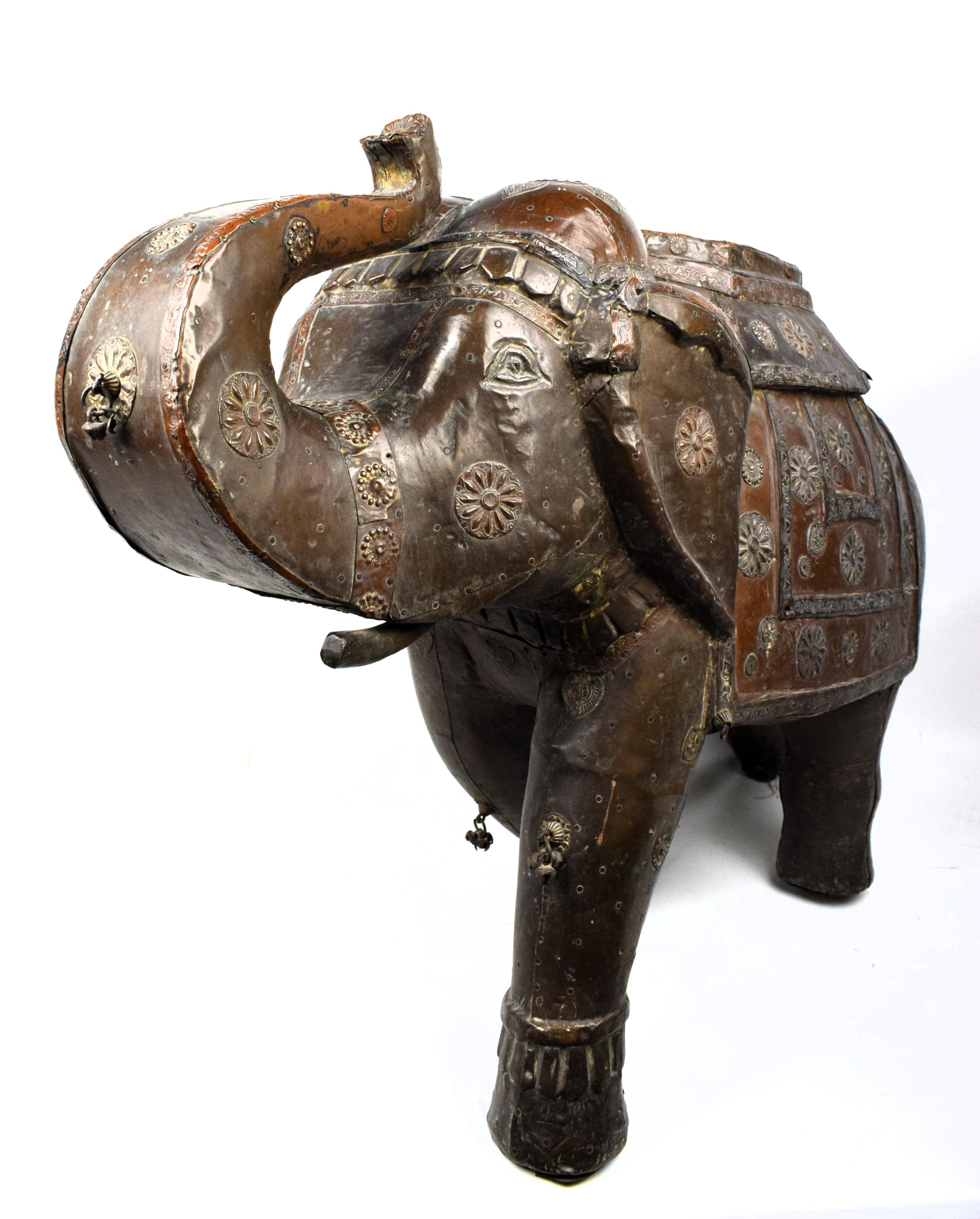 Hand-Carved Rajasthani Wood Elephant adorned with a Brass and Copper sheet, 20th Century For Sale