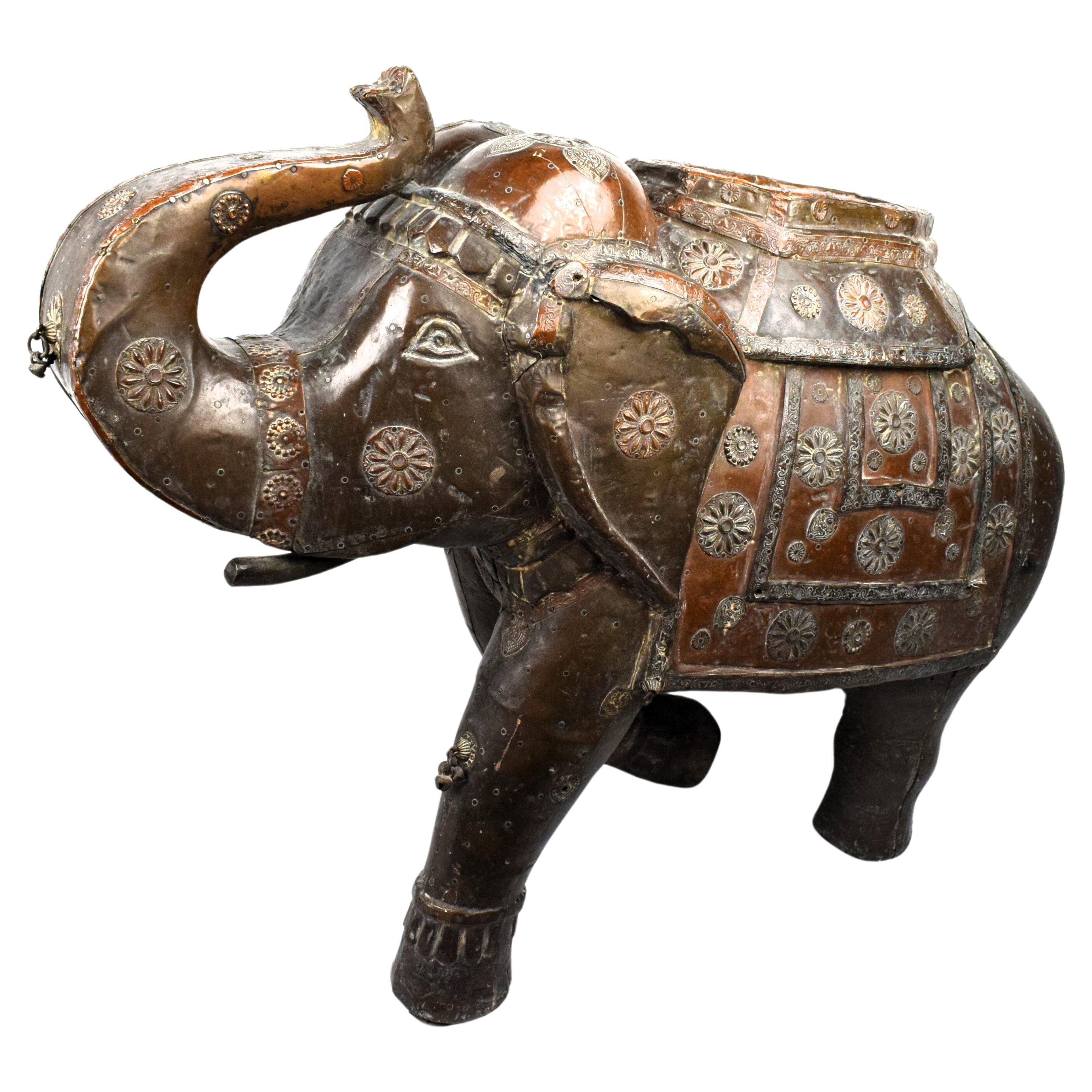 Rajasthani Wood Elephant adorned with a Brass and Copper sheet, 20th Century For Sale