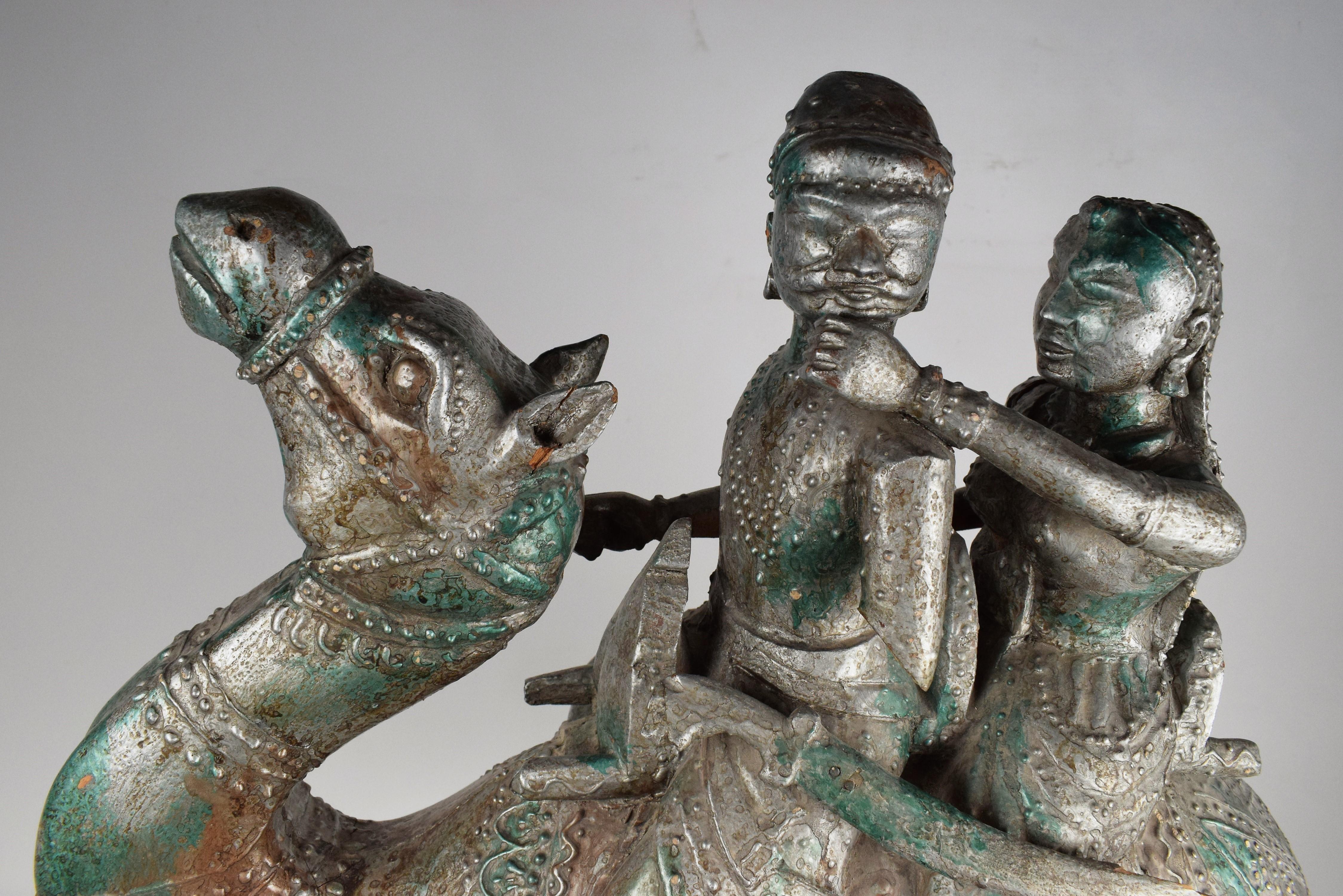 Anglo Raj Rajasthani Wooden Couple Riding A Camel,  20th Century For Sale