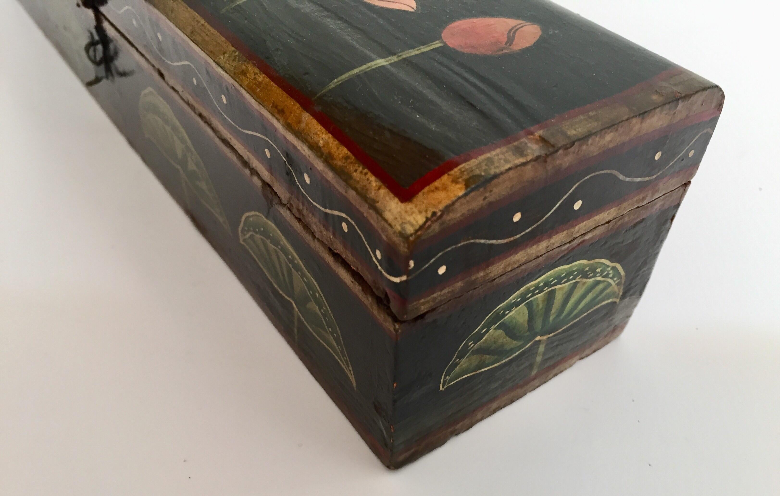 Rajhastani Hand Painted Decorative Box Black with Floral Designs In Good Condition In North Hollywood, CA