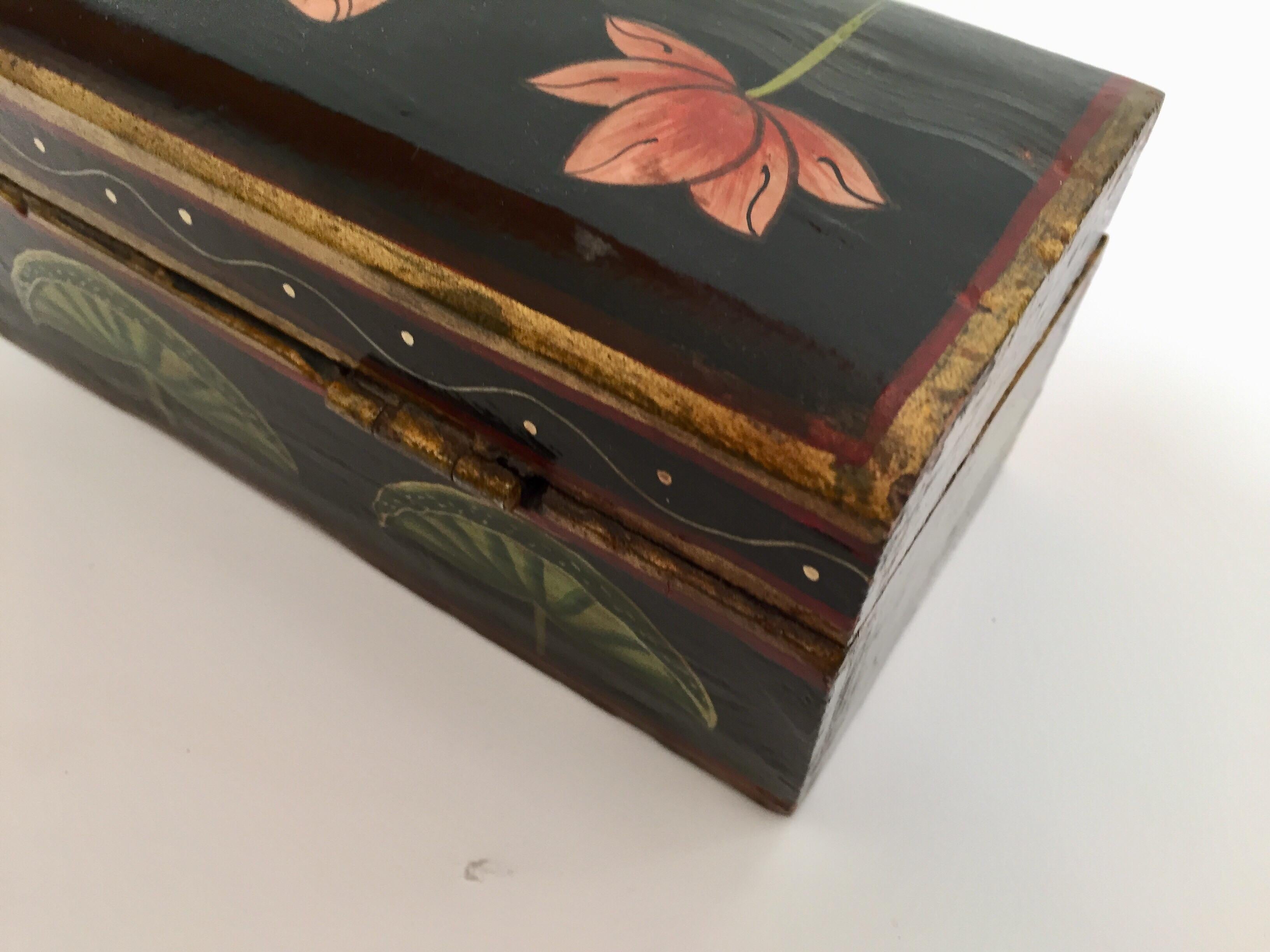20th Century Rajhastani Hand Painted Decorative Box Black with Floral Designs