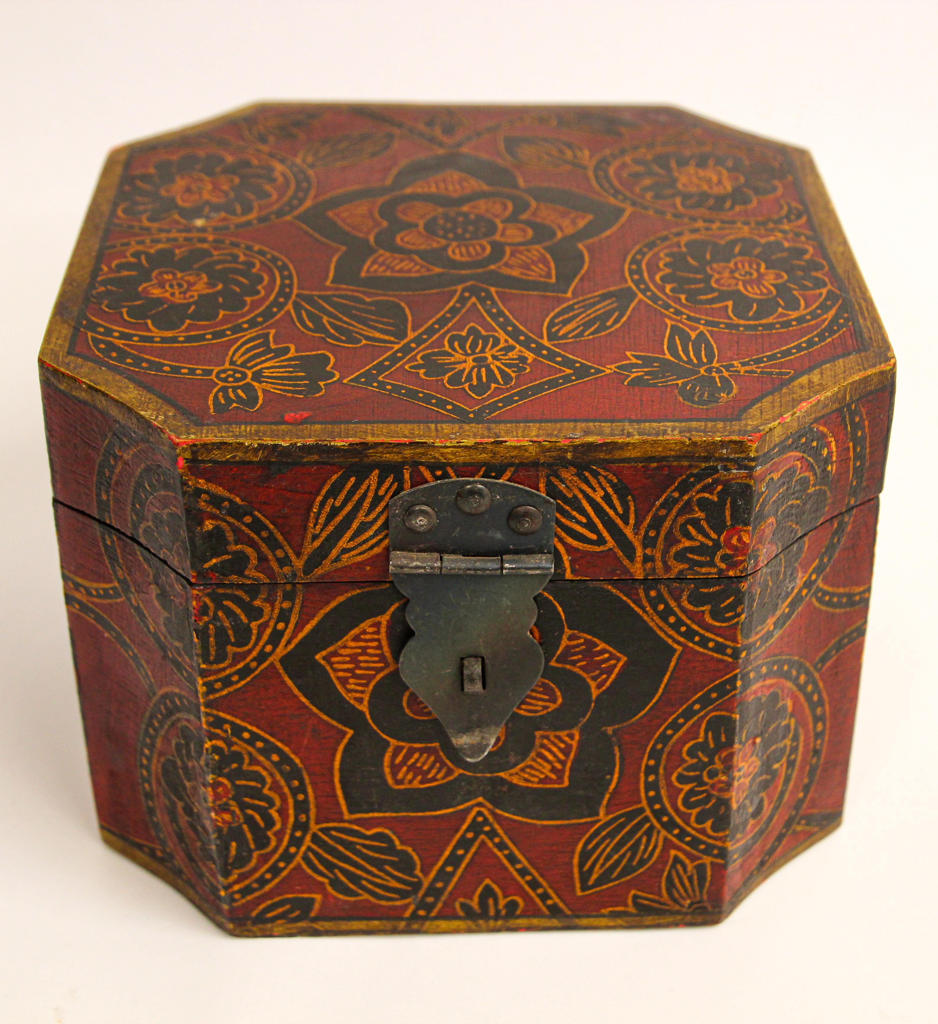 Anglo Raj Tibetan Hand Painted Decorative Box with Floral Designs